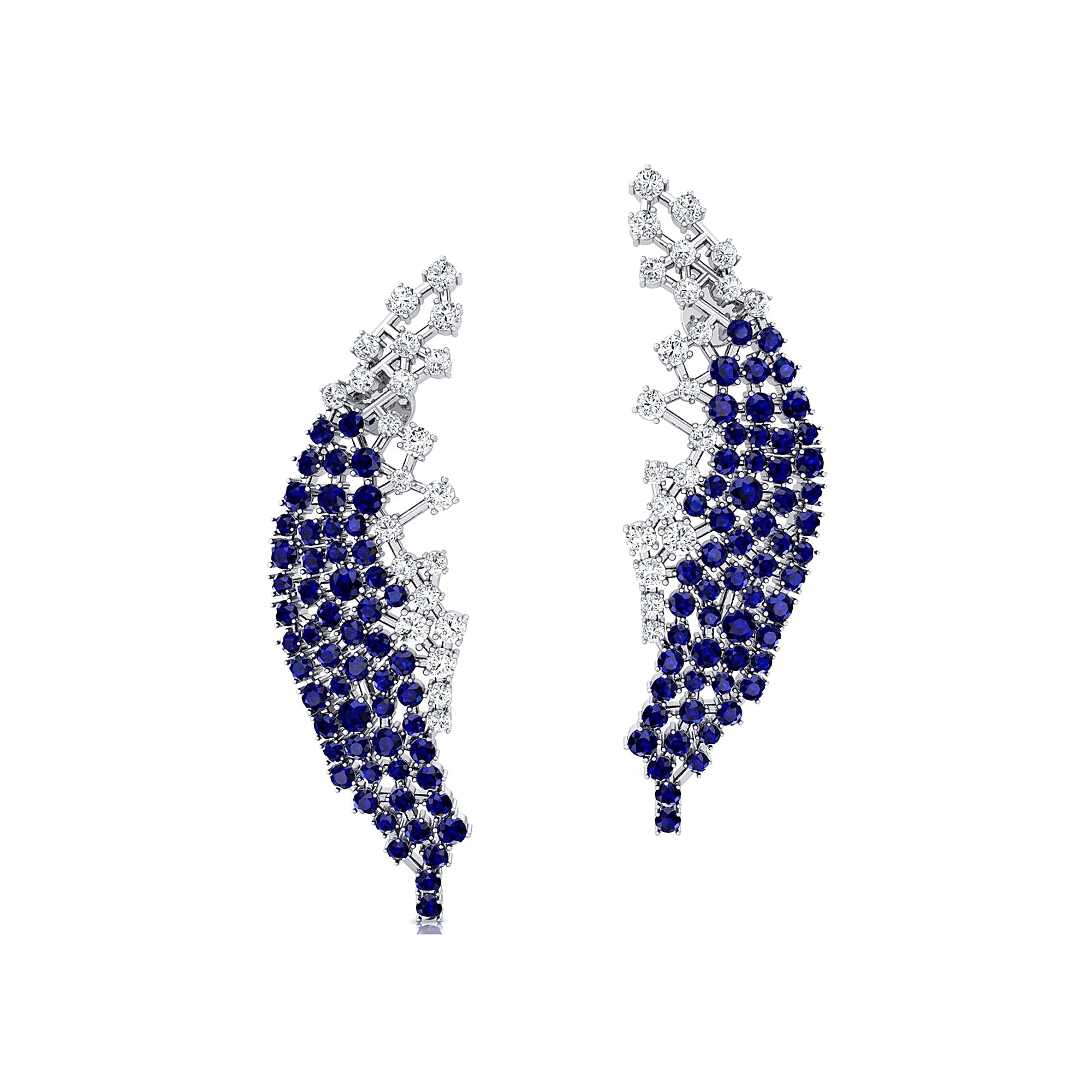 Nature Inspired Feather Shaped Cocktail Blue Sapphire Earrings with Diamond Accents - GeumJewels