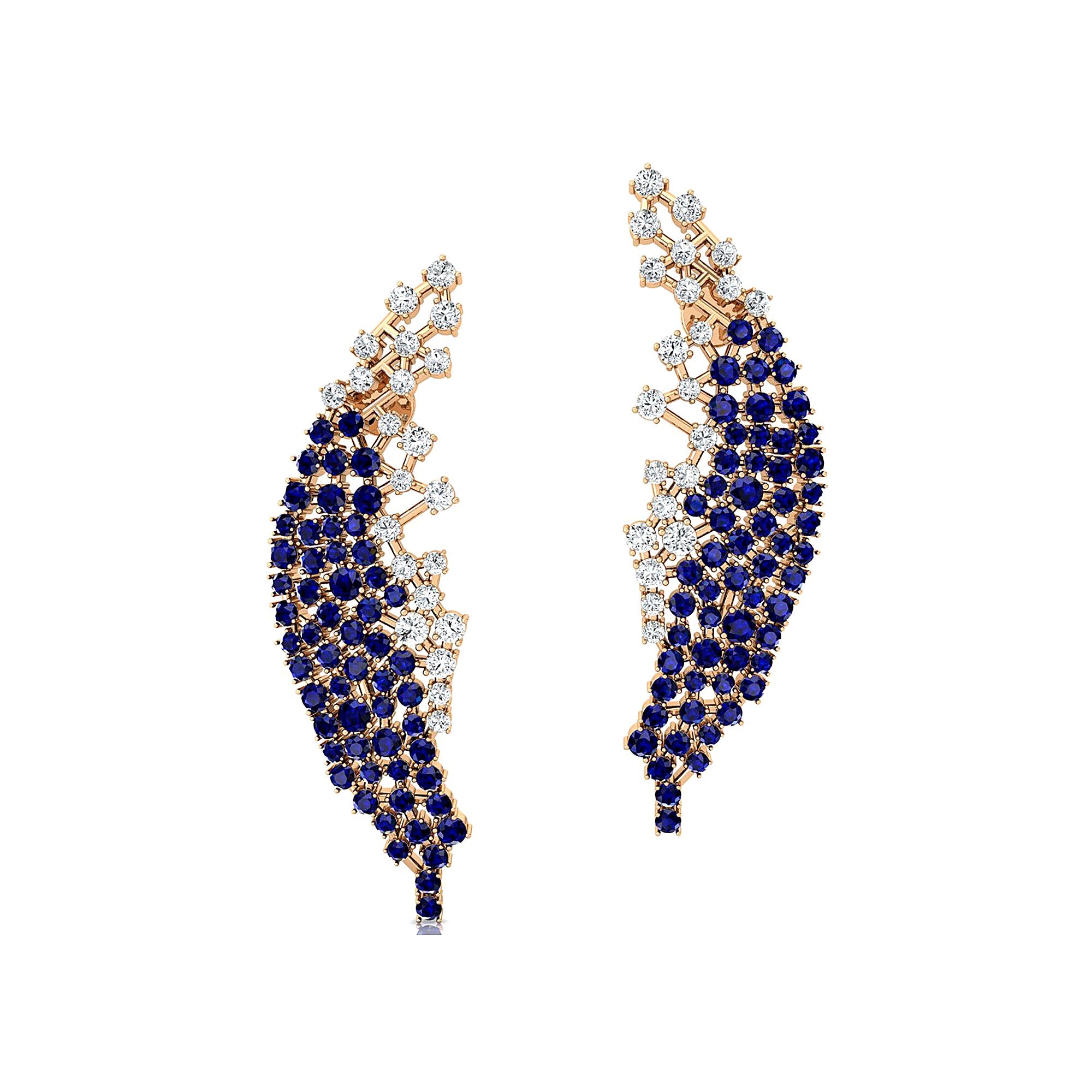 Nature Inspired Feather Shaped Cocktail Blue Sapphire Earrings with Diamond Accents - GeumJewels