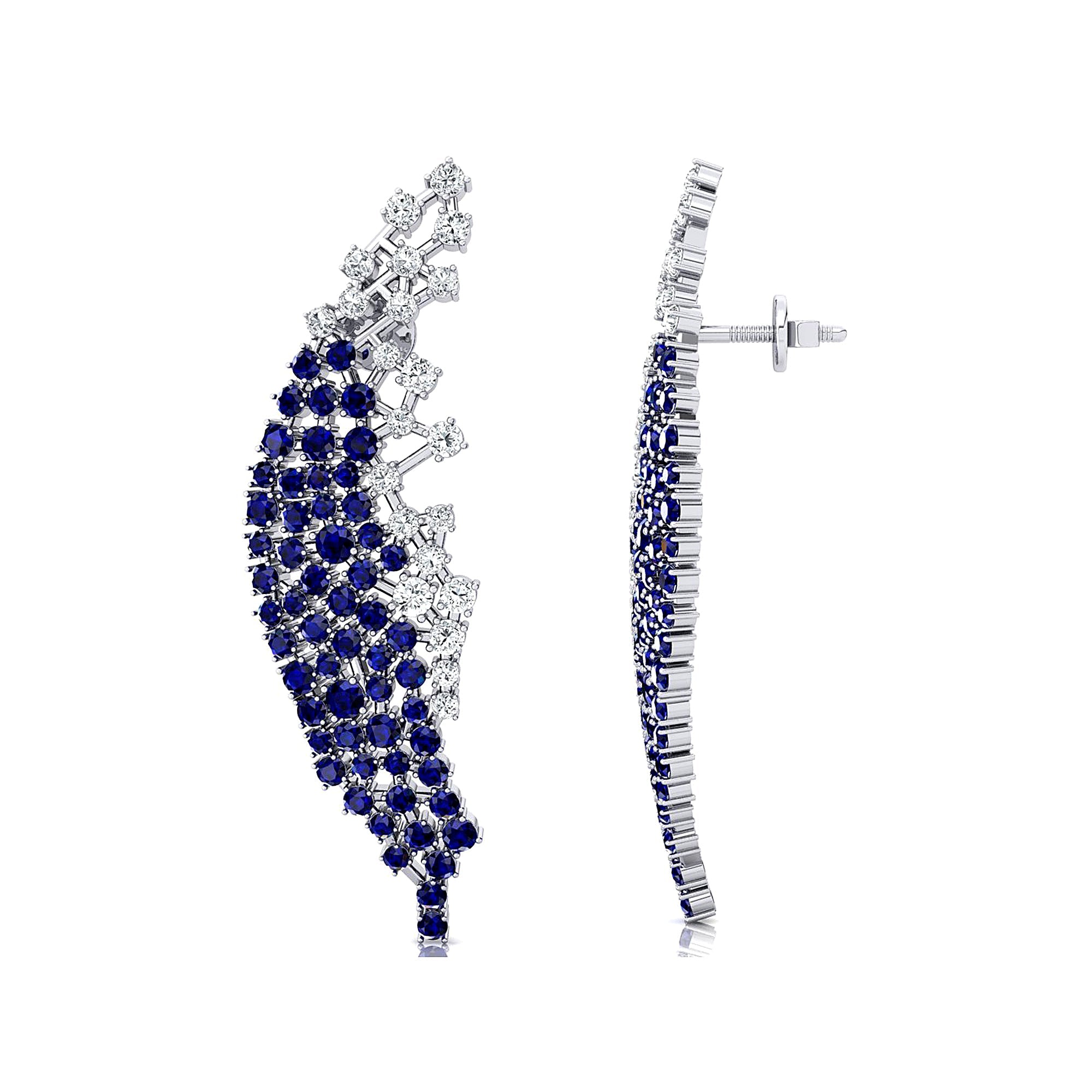 Nature Inspired Feather Shaped Cocktail Blue Sapphire Earrings with Diamond Accents - GeumJewels