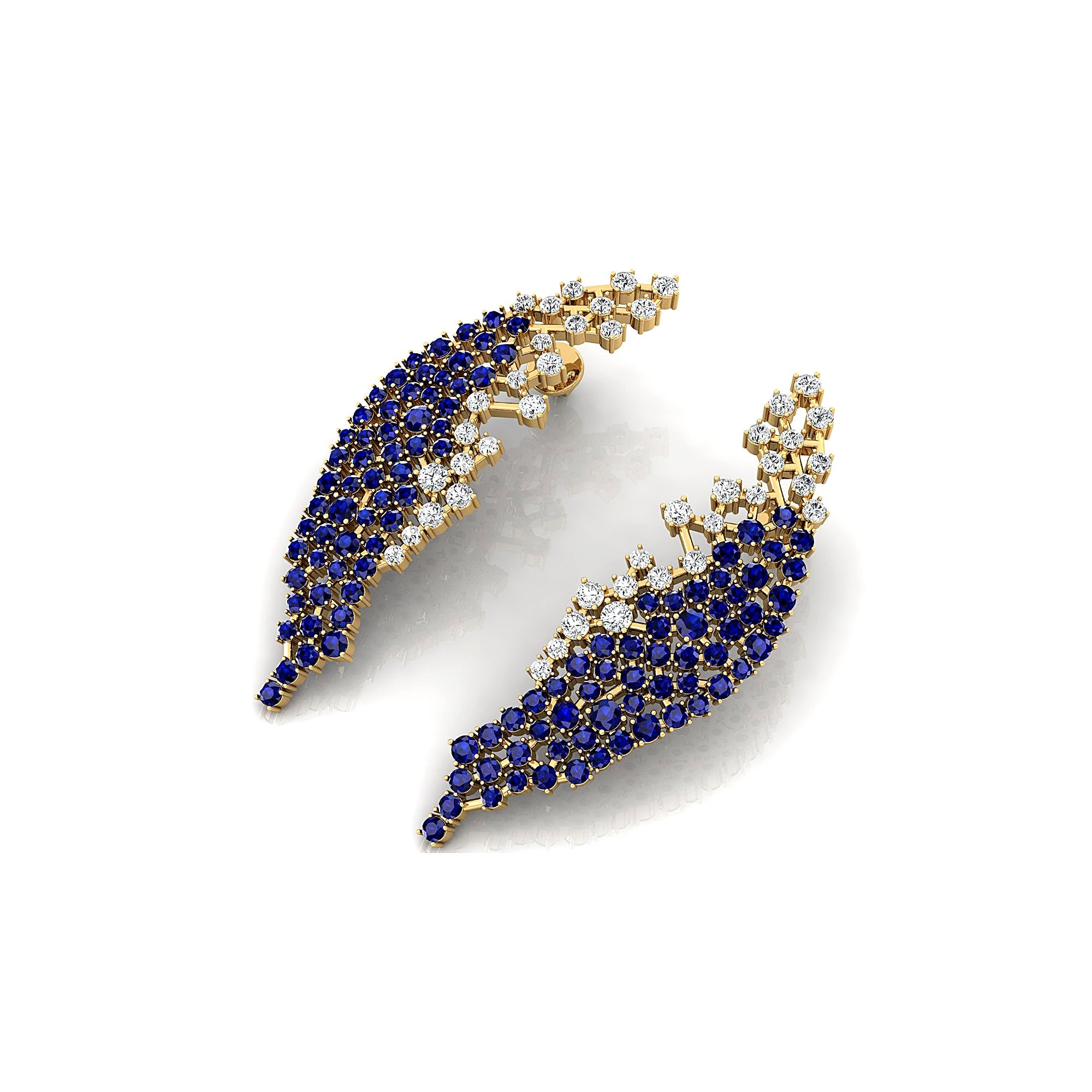 Nature Inspired Feather Shaped Cocktail Blue Sapphire Earrings with Diamond Accents - GeumJewels