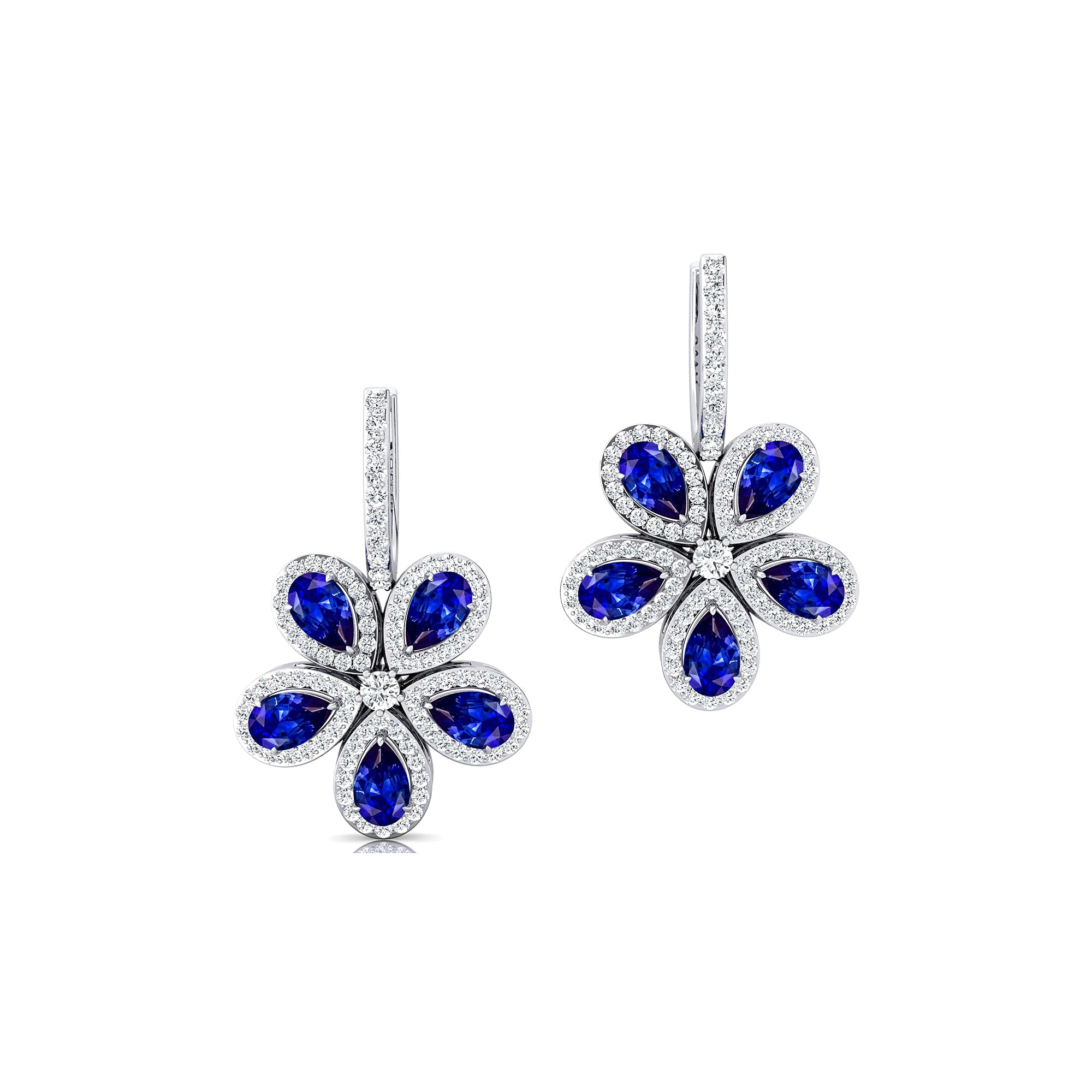 Pear Shaped Blue Sapphire Flower Diamond Leverback Earrings - GeumJewels