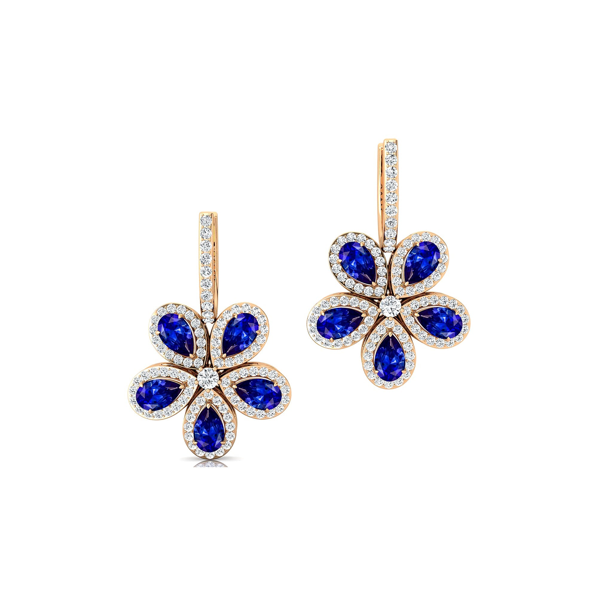 Pear Shaped Blue Sapphire Flower Diamond Leverback Earrings - GeumJewels