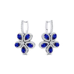 Pear Shaped Blue Sapphire Flower Diamond Leverback Earrings - GeumJewels