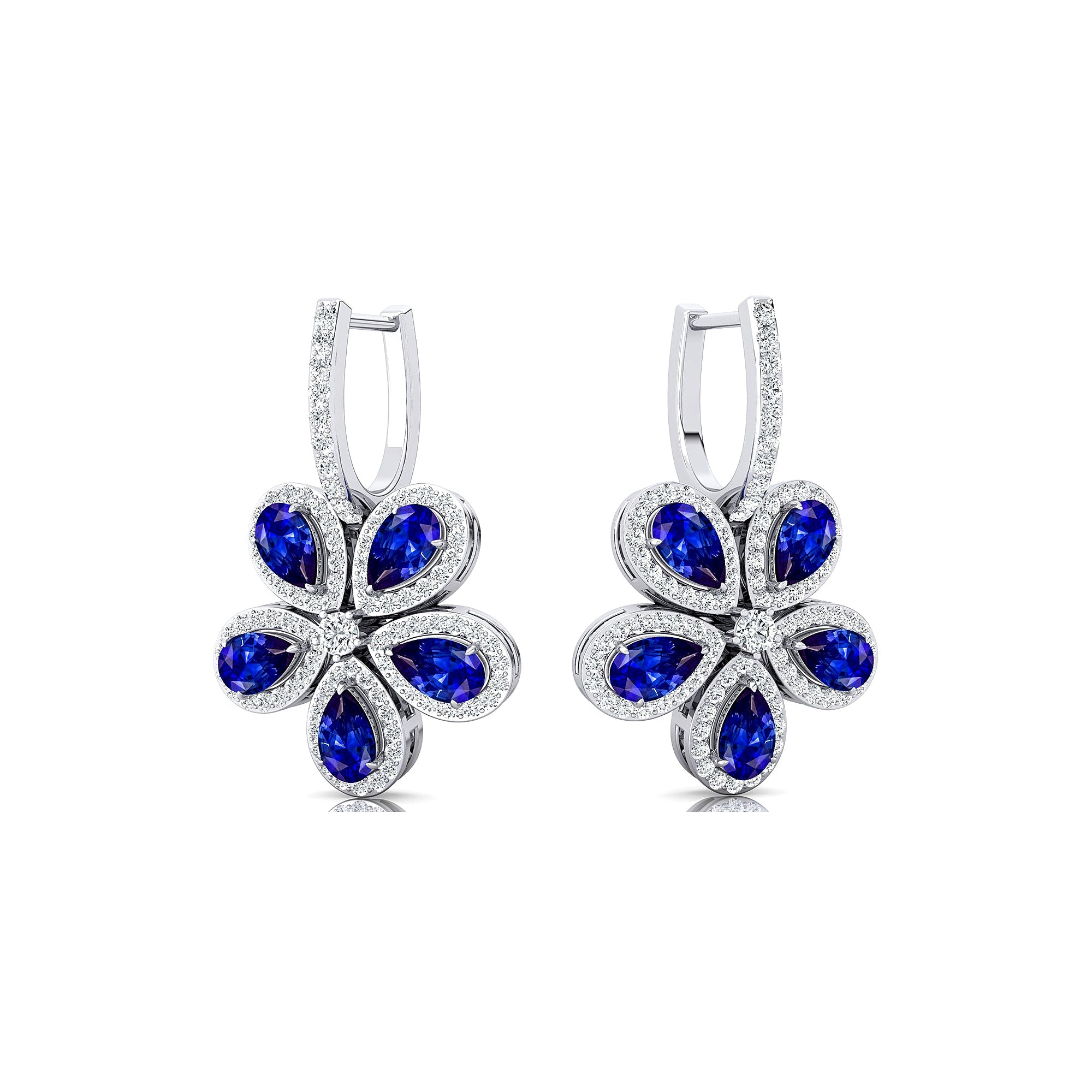 Pear Shaped Blue Sapphire Flower Diamond Leverback Earrings - GeumJewels