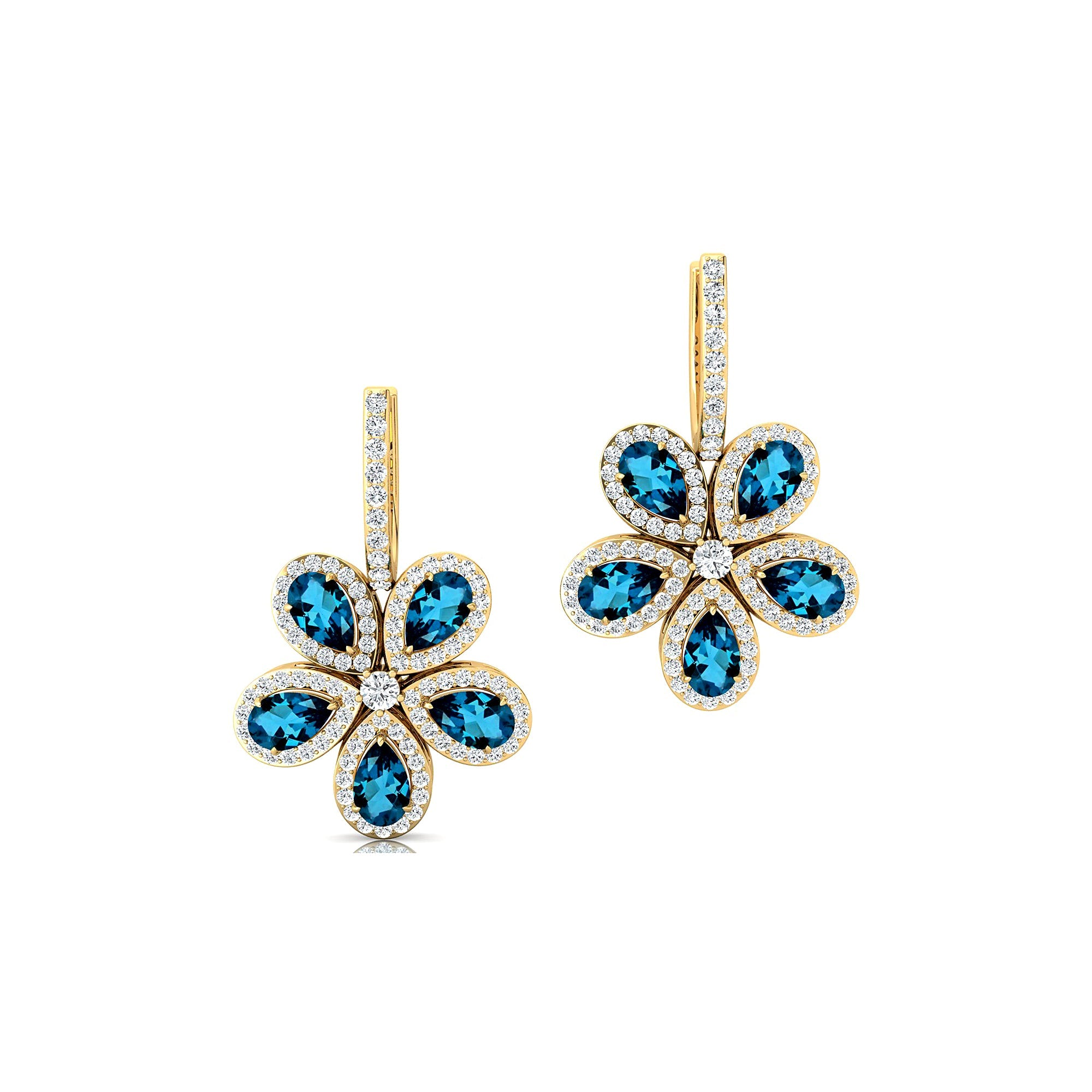 Pear Shaped London Blue Topaz Flower Diamond Leverback Earrings - GeumJewels