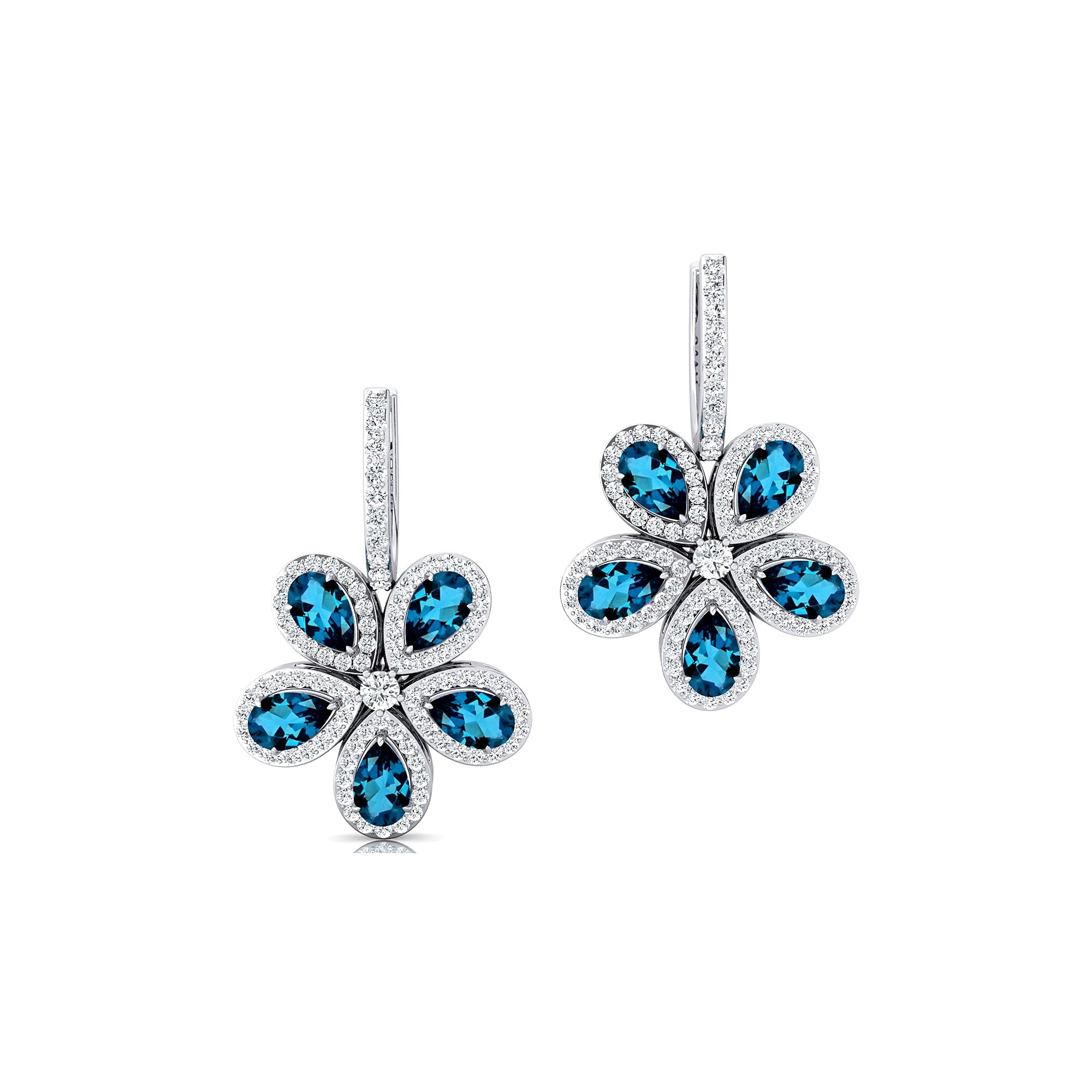 Pear Shaped London Blue Topaz Flower Diamond Leverback Earrings - GeumJewels