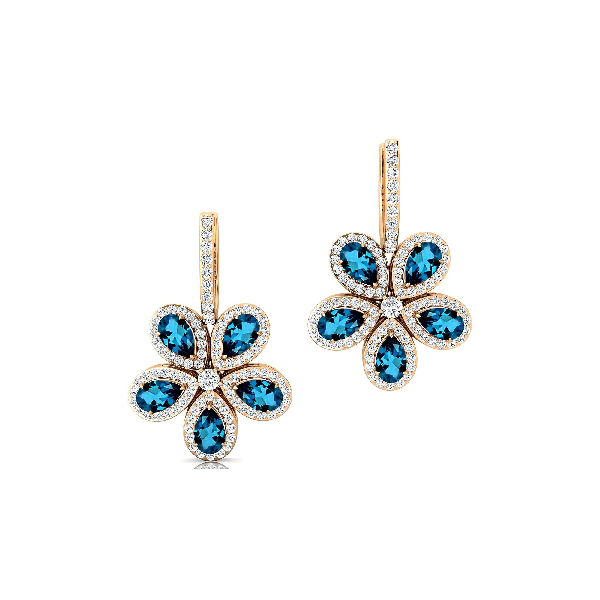 Pear Shaped London Blue Topaz Flower Diamond Leverback Earrings - GeumJewels