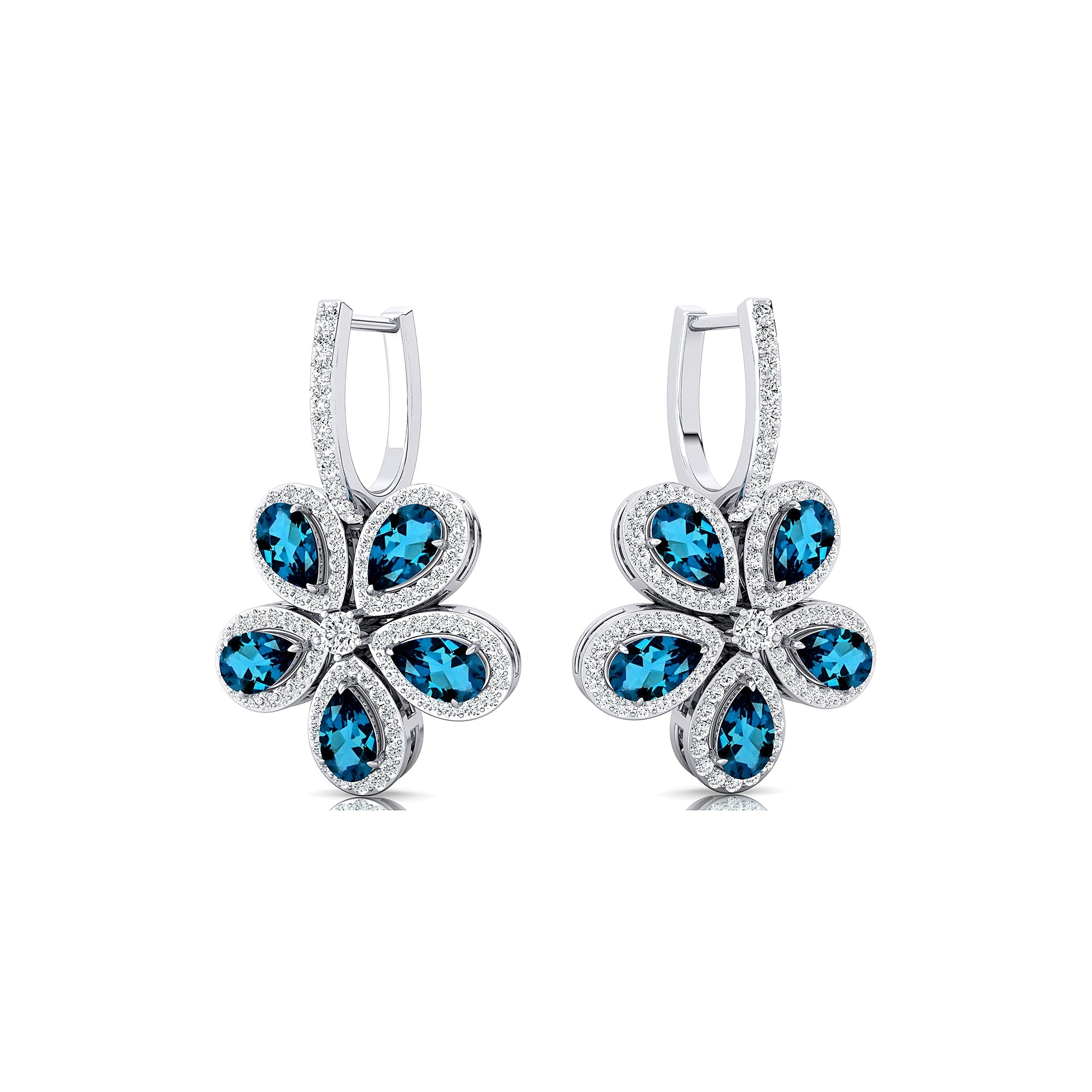 Pear Shaped London Blue Topaz Flower Diamond Leverback Earrings - GeumJewels