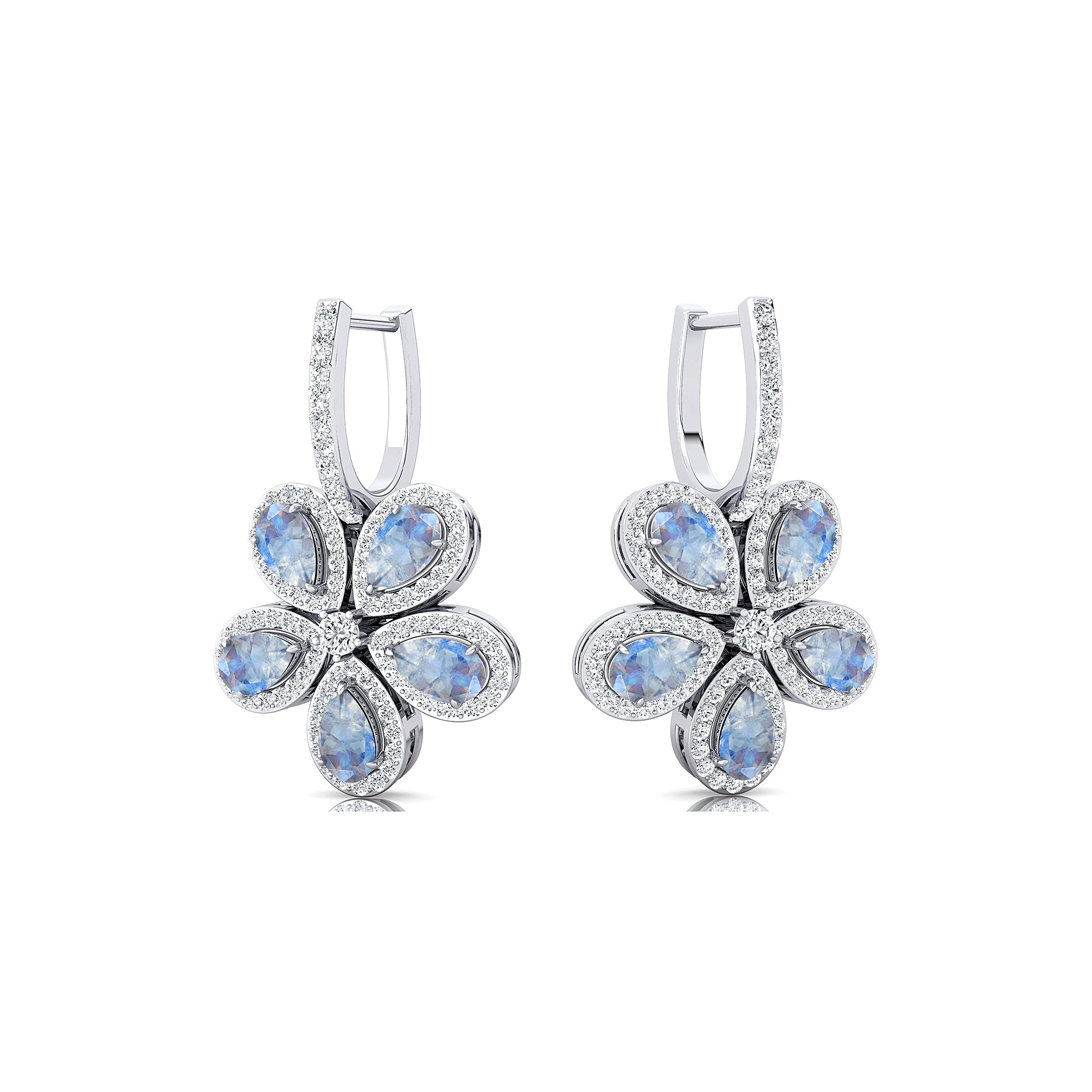 Pear Shaped Moonstone Flower Diamond Leverback Earrings - GeumJewels