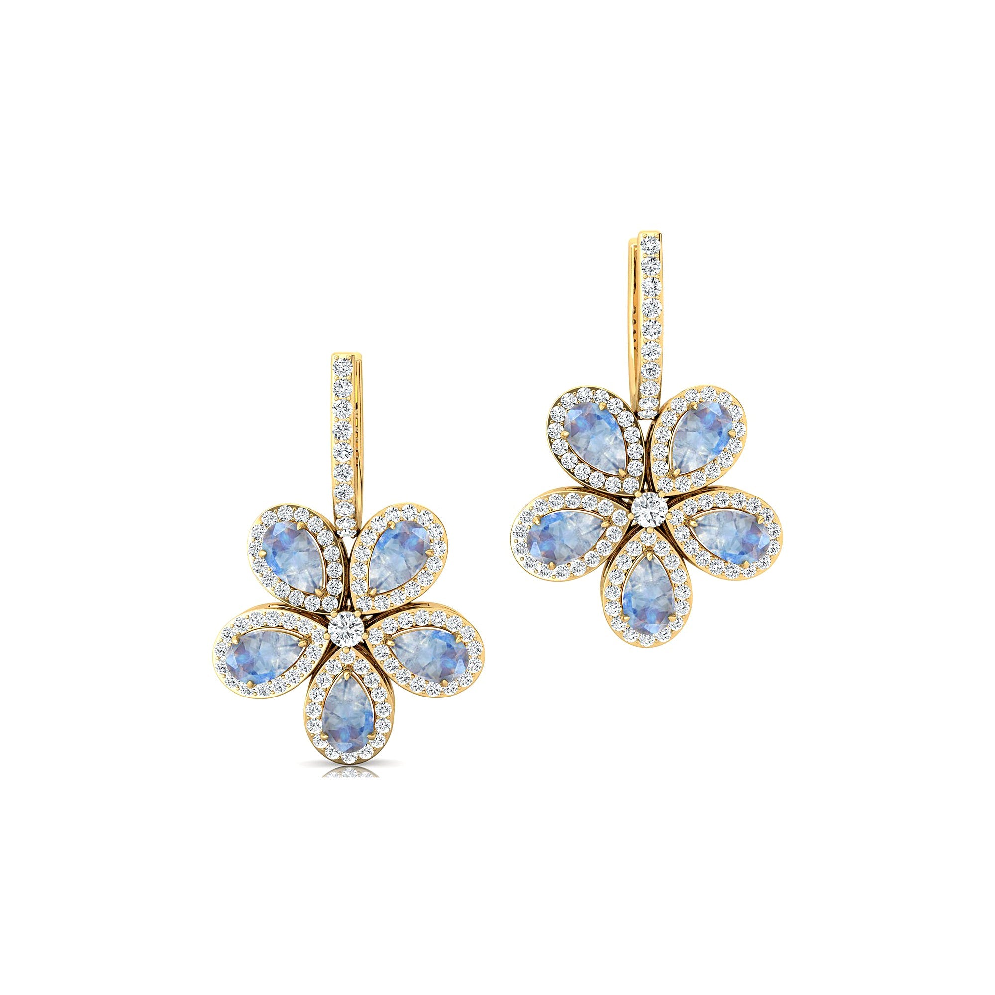 Pear Shaped Moonstone Flower Diamond Leverback Earrings - GeumJewels