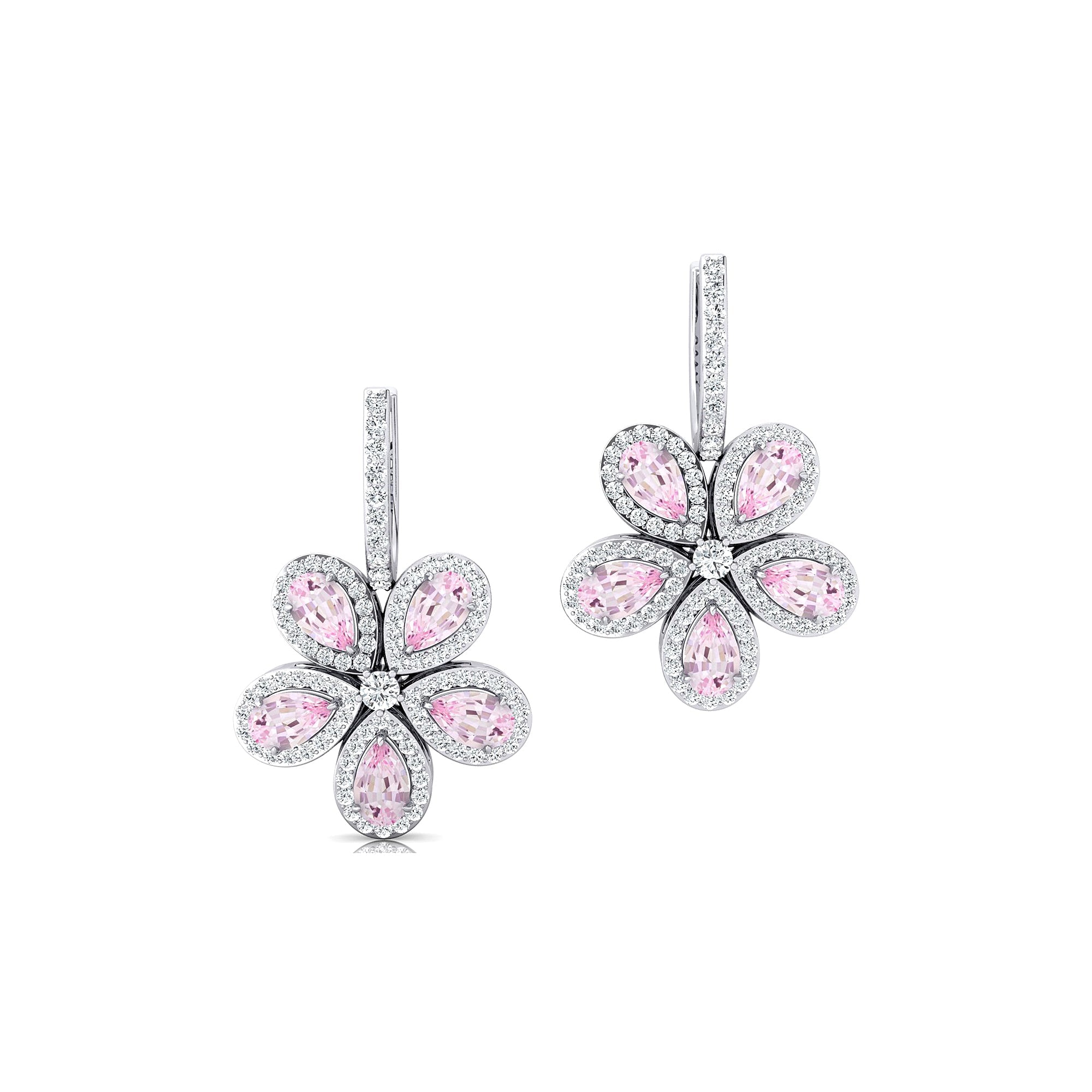 Pear Shaped Morganite Flower Diamond Leverback Earrings - GeumJewels