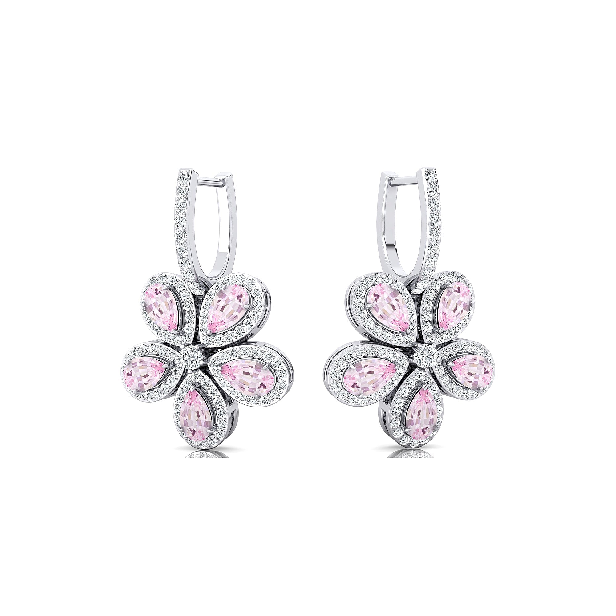 Pear Shaped Morganite Flower Diamond Leverback Earrings - GeumJewels