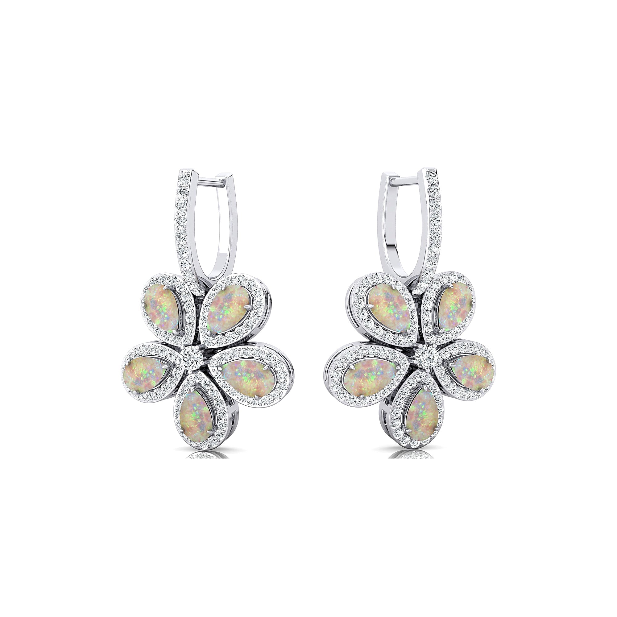 Pear Shaped Opal Flower Diamond Leverback Earrings - GeumJewels