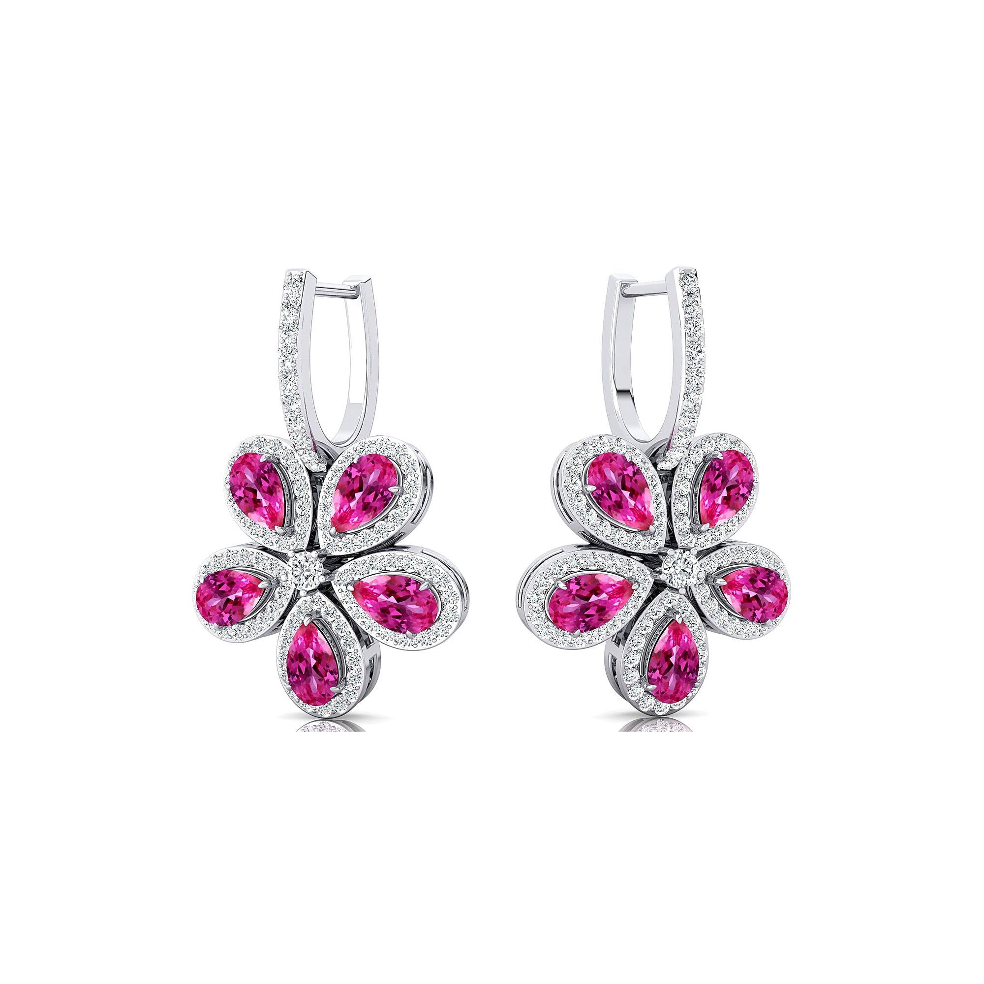 Pear Shaped Pink Sapphire Flower Diamond Leverback Earrings - GeumJewels