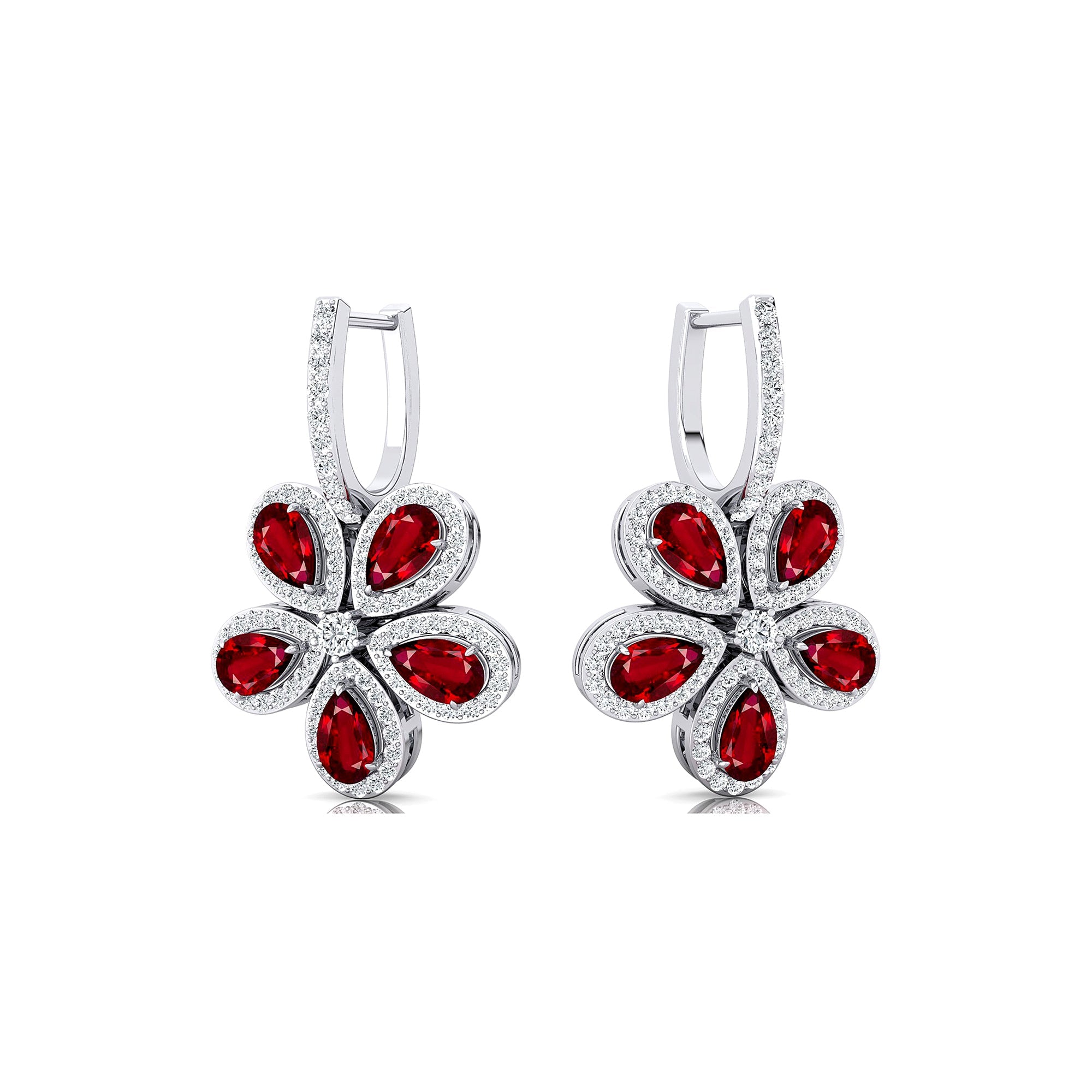 Pear Shaped Ruby Flower Diamond Leverback Earrings - GeumJewels