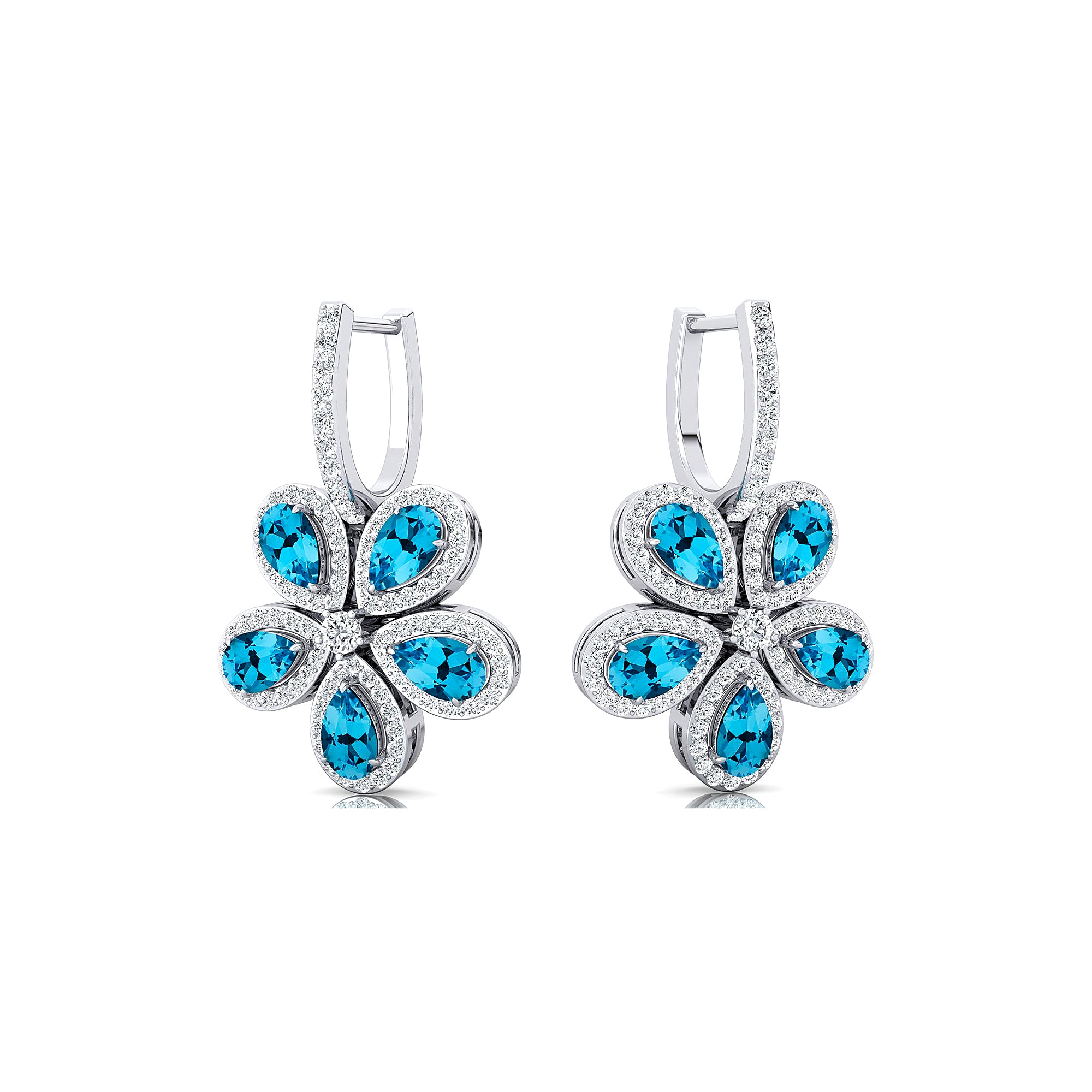 Pear Shaped Swiss Blue Topaz Flower Diamond Leverback Earrings - GeumJewels
