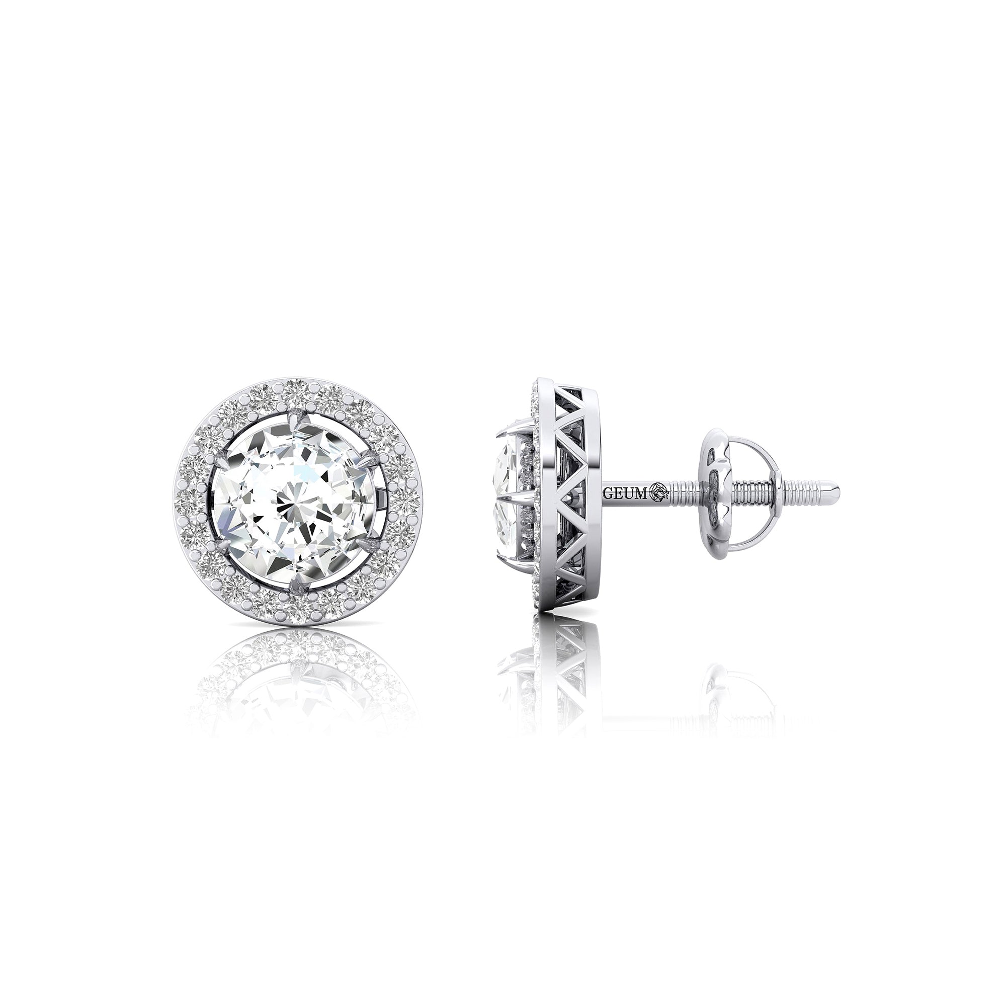 Round Solitaire Lab Diamond Halo Diamond Stud Earrings - GeumJewels