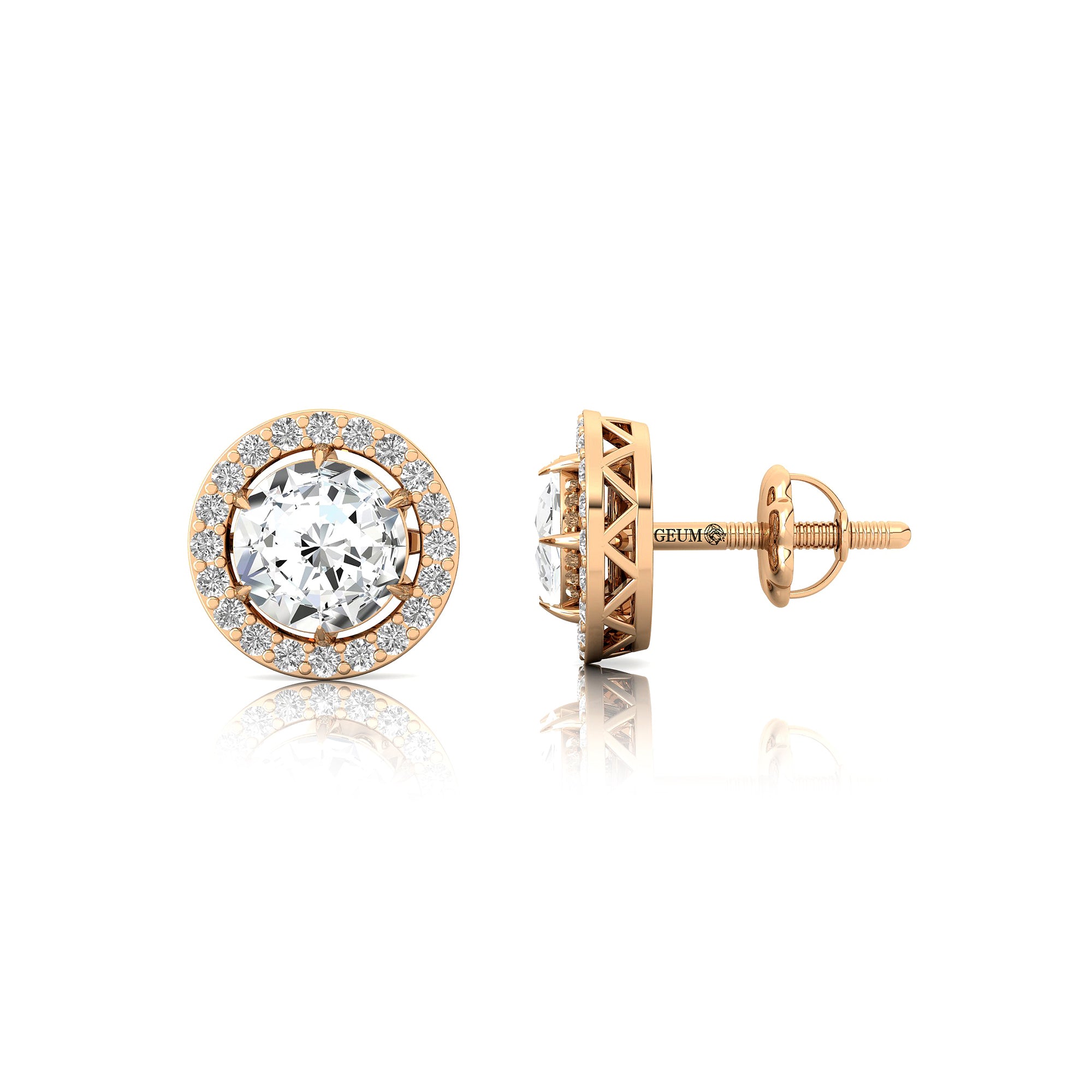 Round Solitaire Lab Diamond Halo Diamond Stud Earrings - GeumJewels