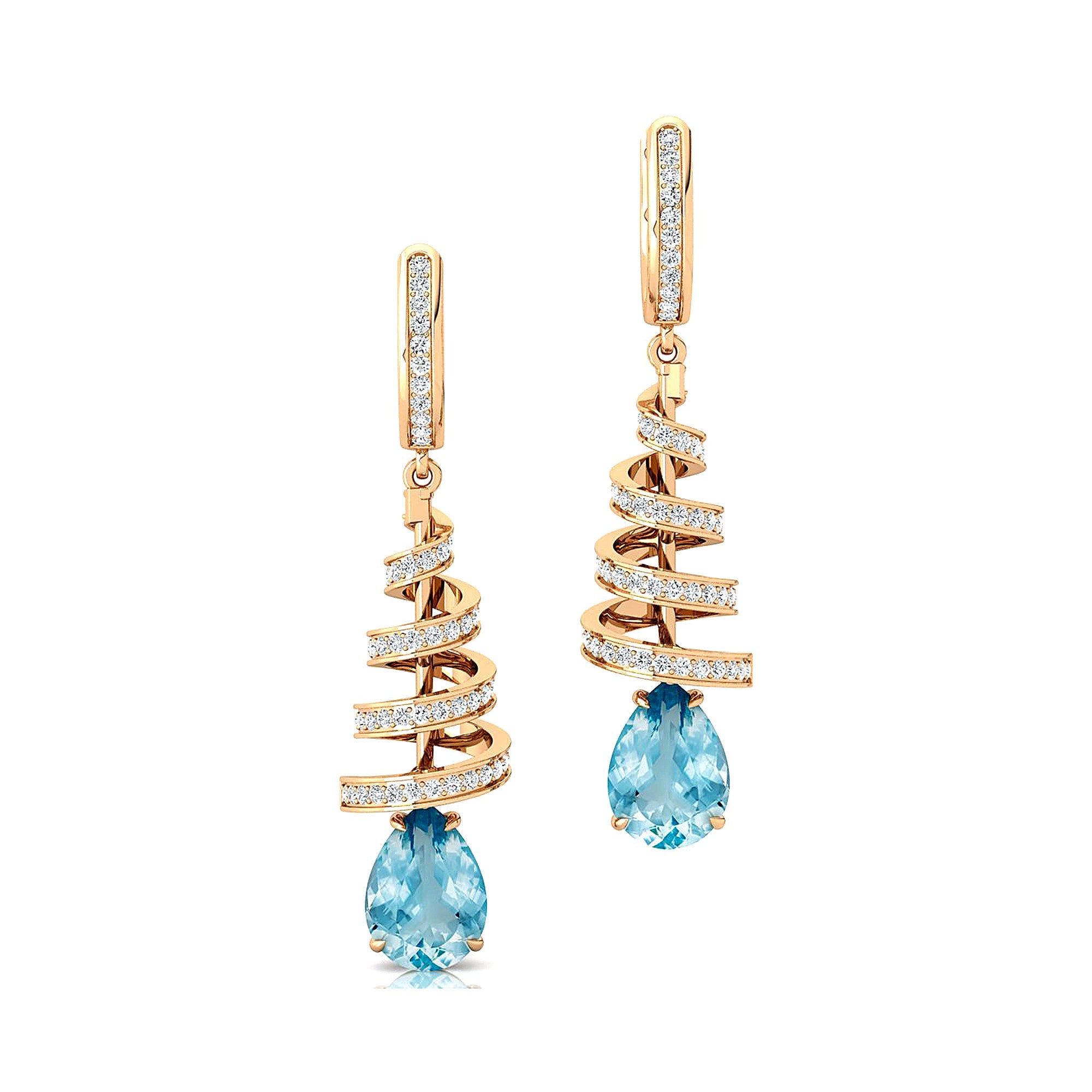 Spiral Diamond Pear Cut Aquamarine Dangle Earrings - GeumJewels