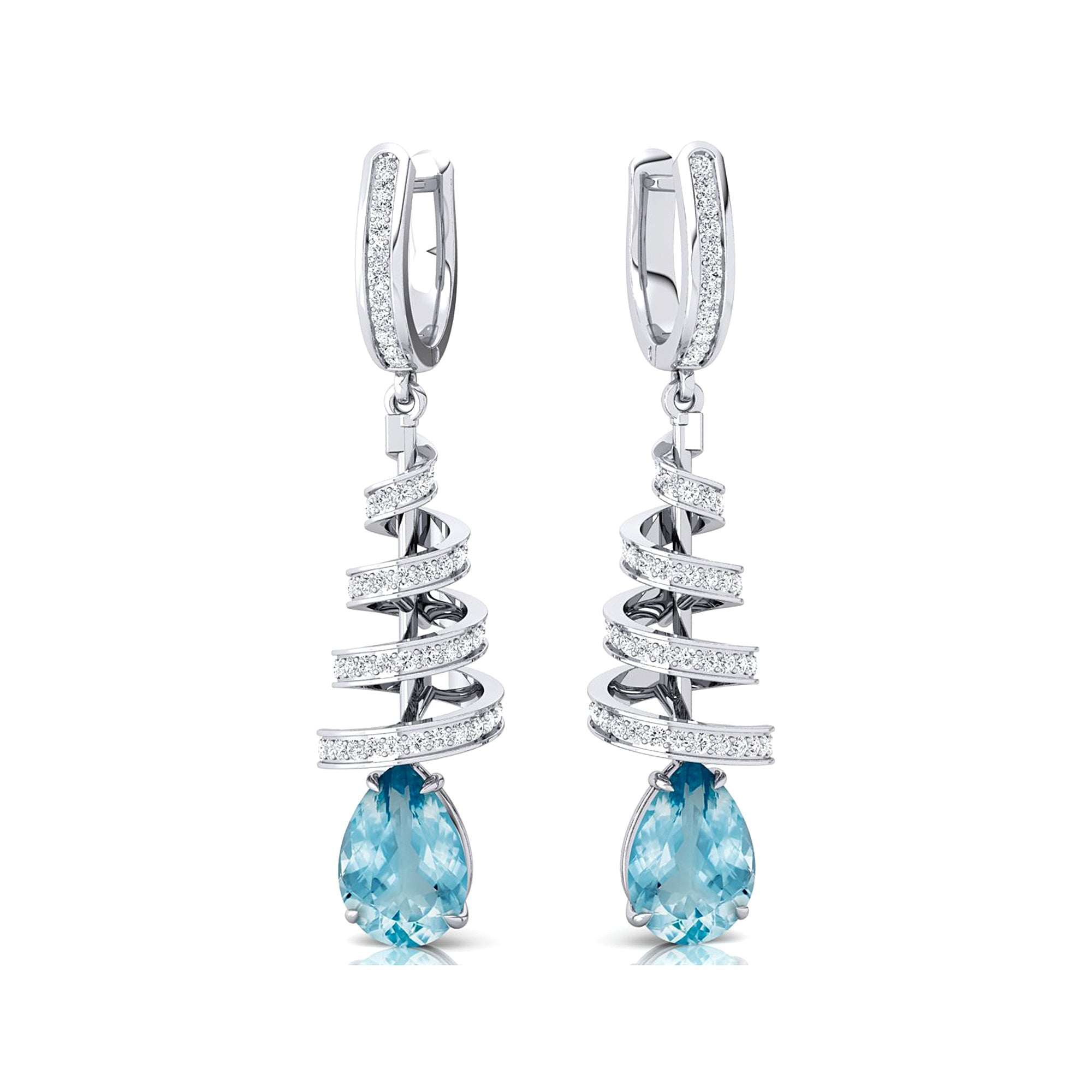 Spiral Diamond Pear Cut Aquamarine Dangle Earrings - GeumJewels