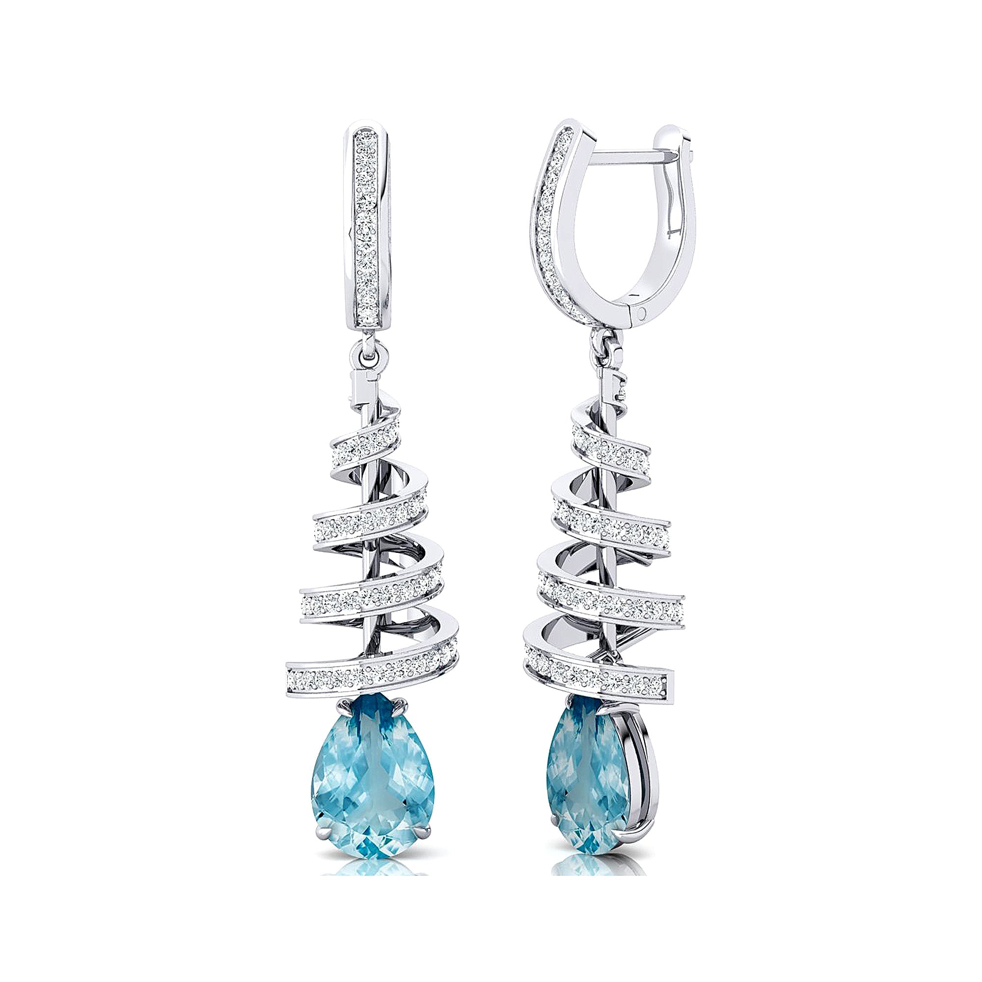 Spiral Diamond Pear Cut Aquamarine Dangle Earrings - GeumJewels