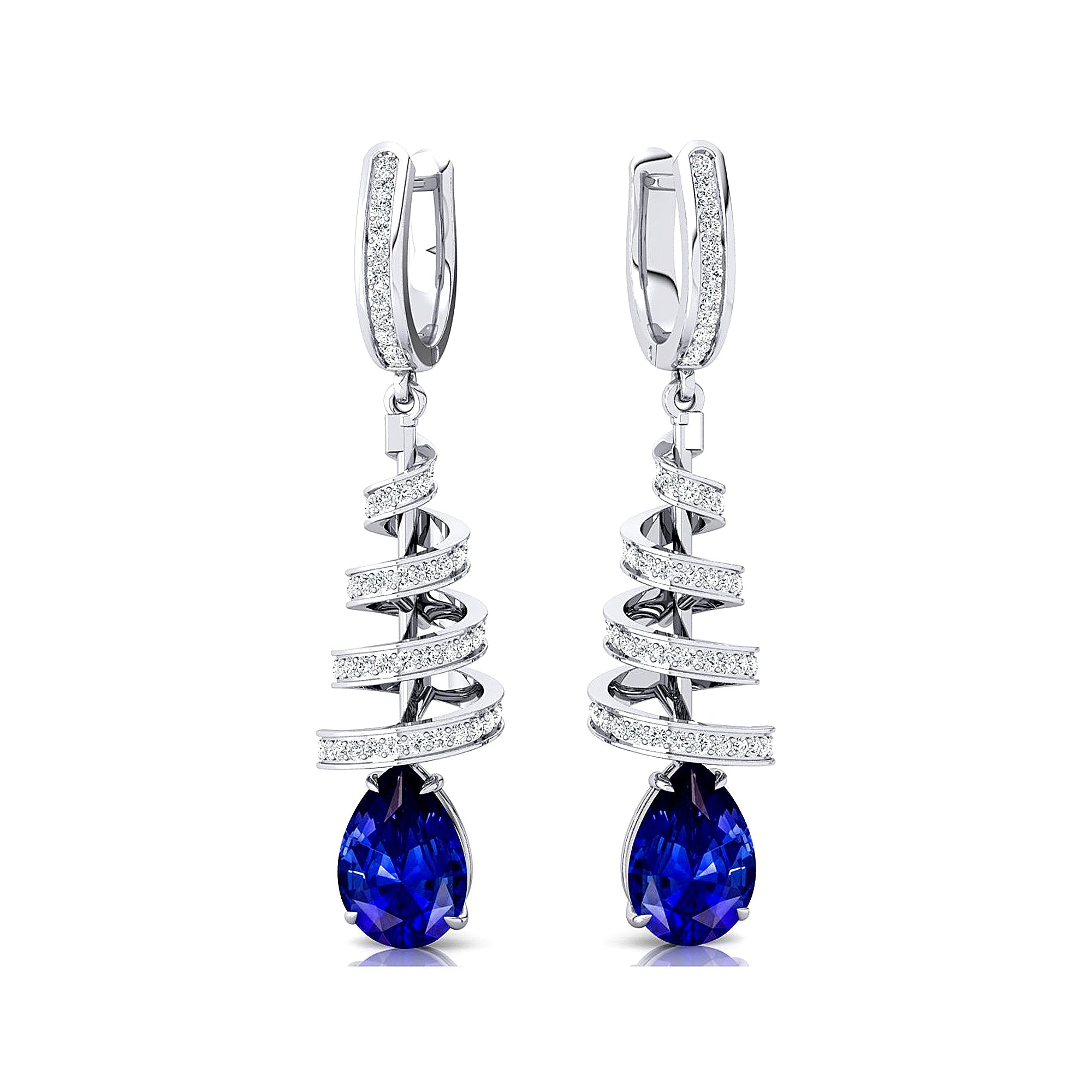 Spiral Diamond Pear Cut Blue Sapphire Dangle Earrings - GeumJewels