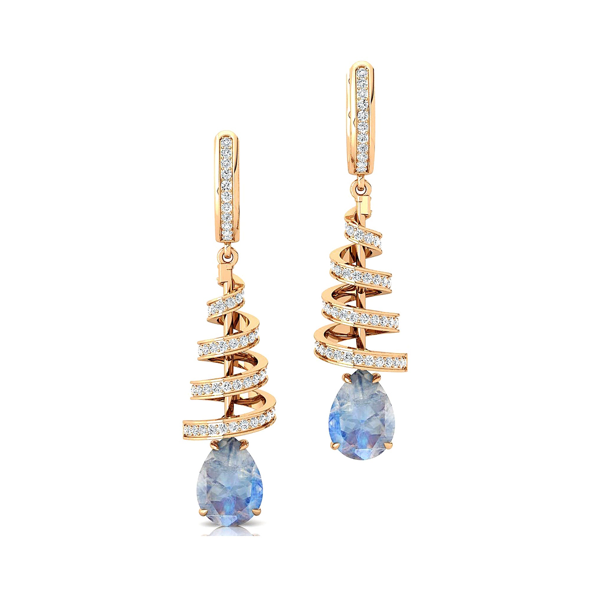 Spiral Diamond Pear Cut Moonstone Dangle Earrings - GeumJewels