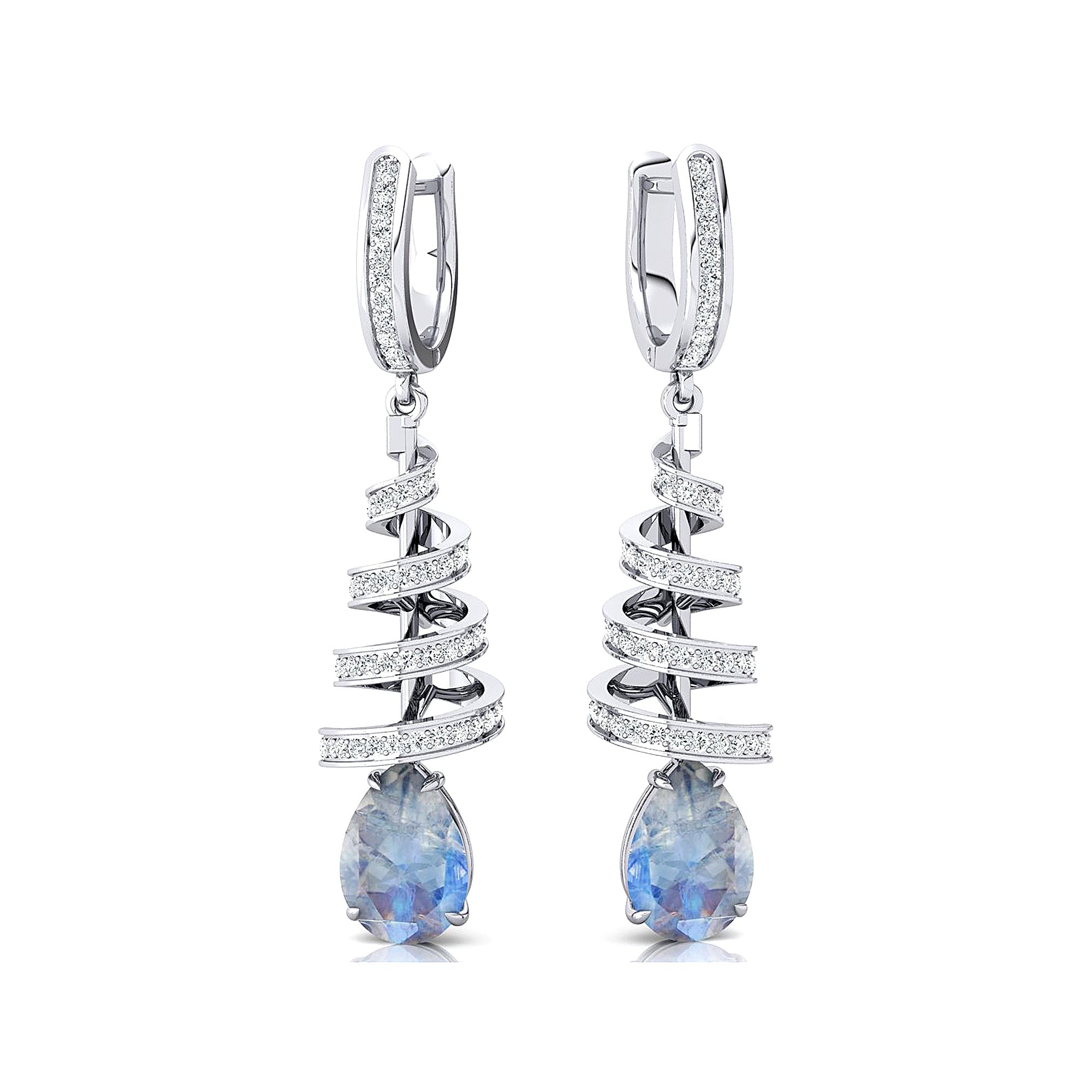 Spiral Diamond Pear Cut Moonstone Dangle Earrings - GeumJewels
