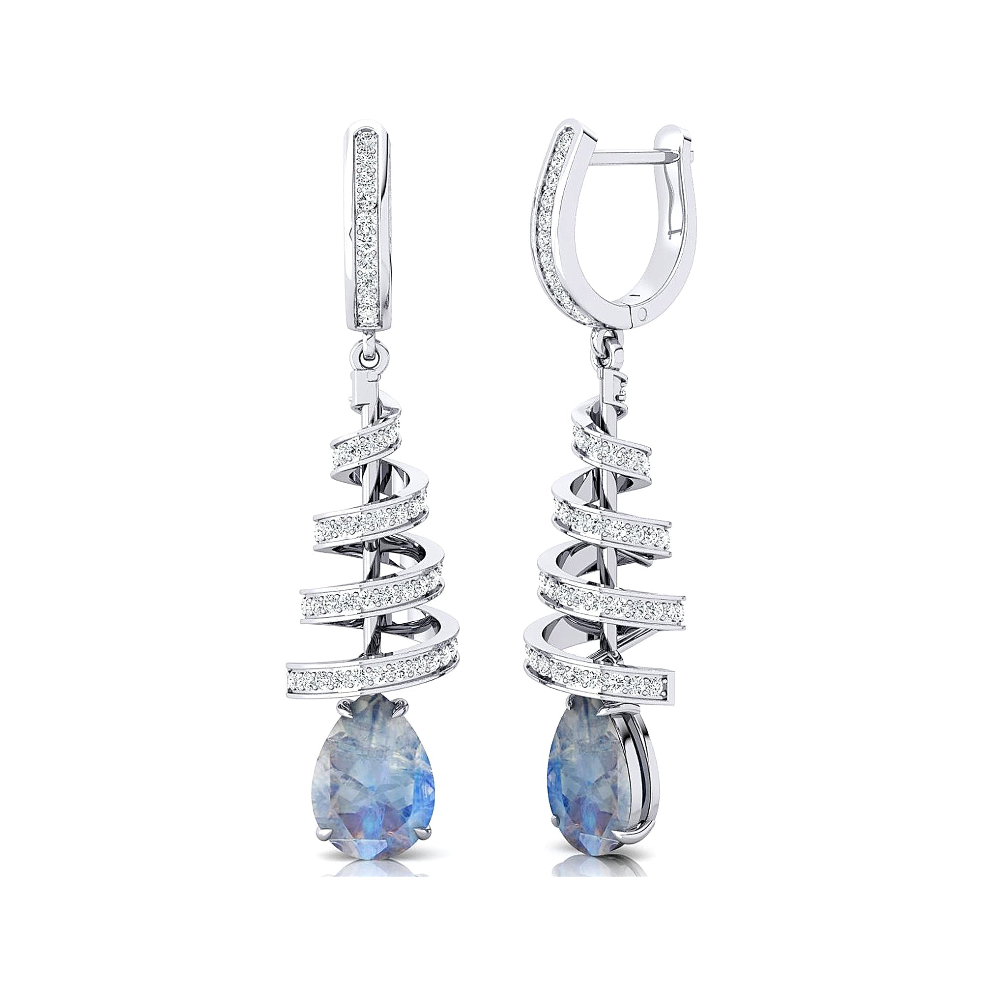 Spiral Diamond Pear Cut Moonstone Dangle Earrings - GeumJewels