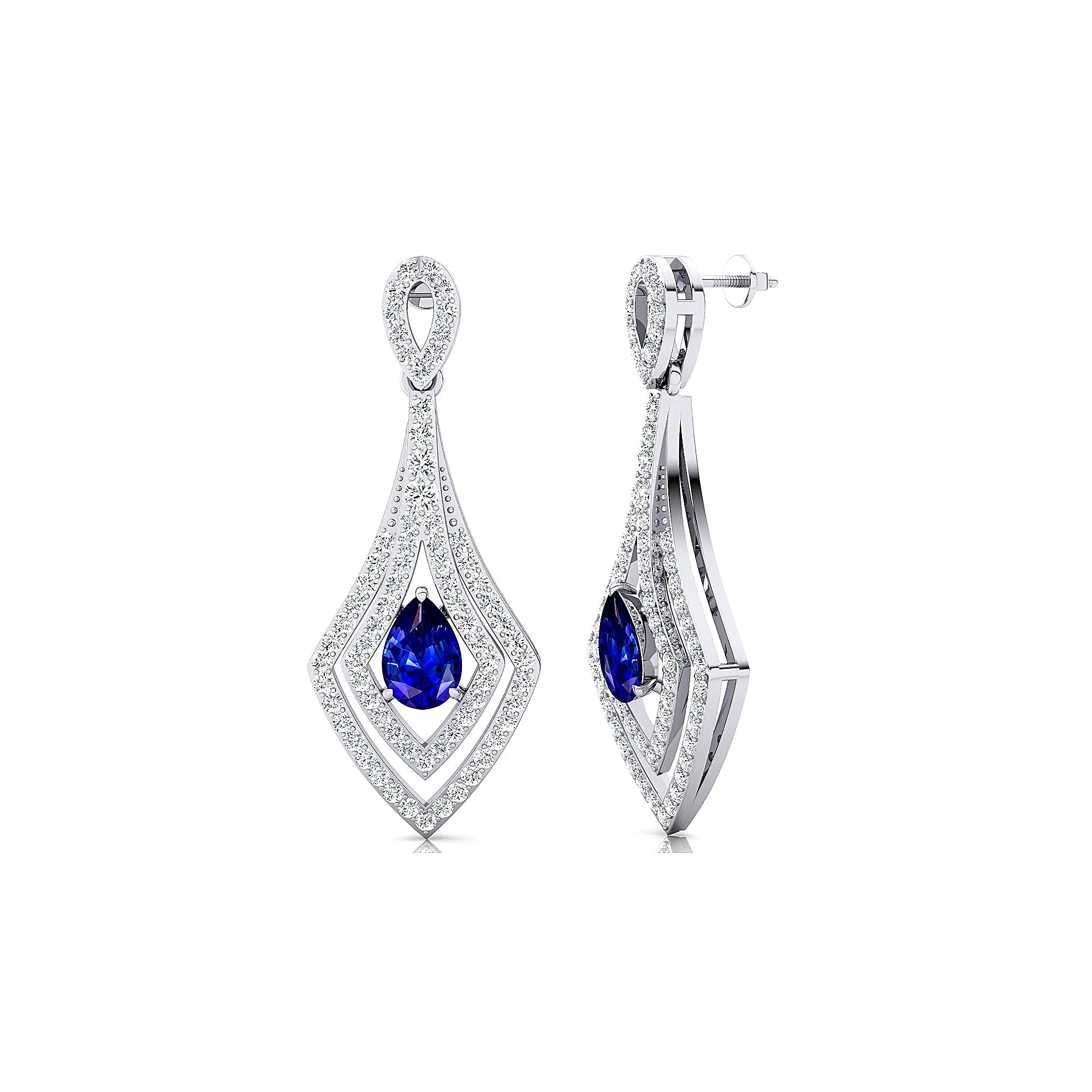 Vintage Inspired Pear Cut Blue Sapphire Diamond Drop Earrings - GeumJewels