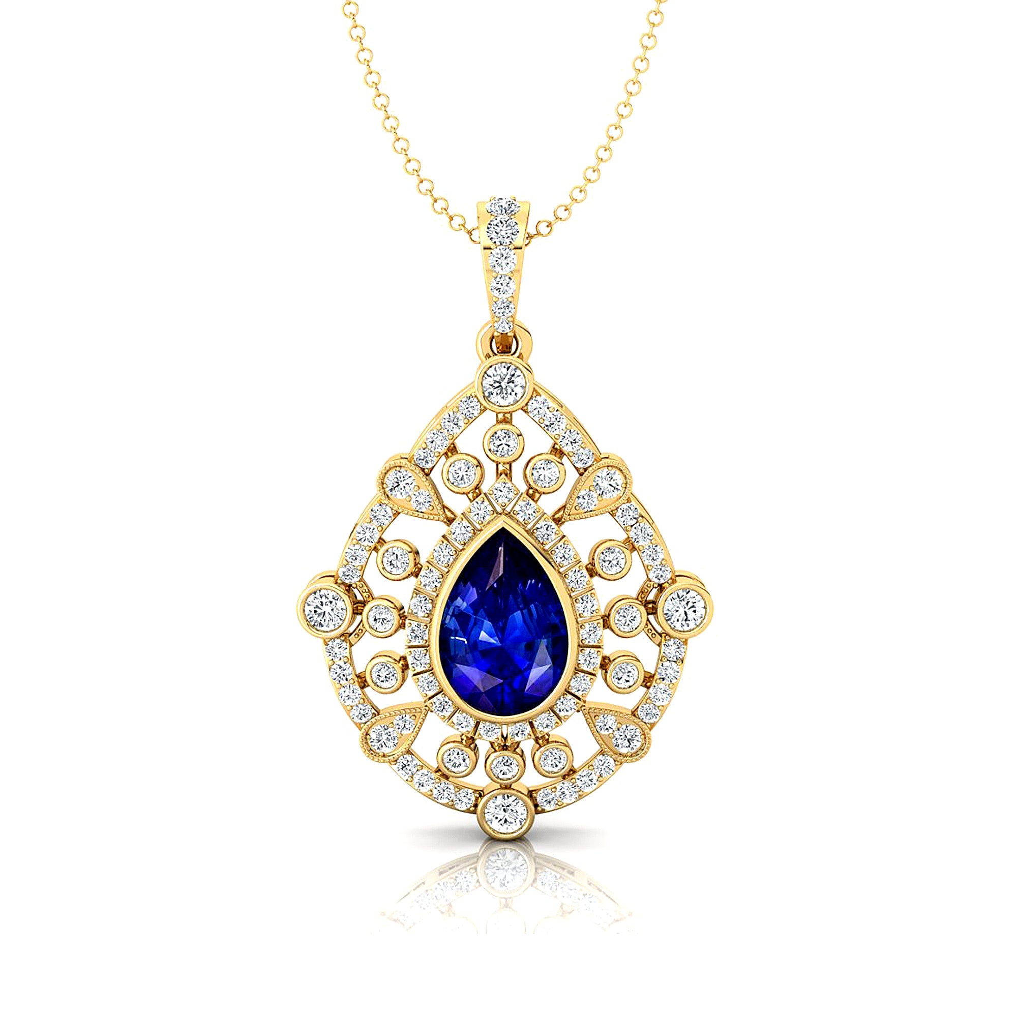 Art Deco Inspired Teardrop Blue Sapphire Diamond Pendant - GeumJewels