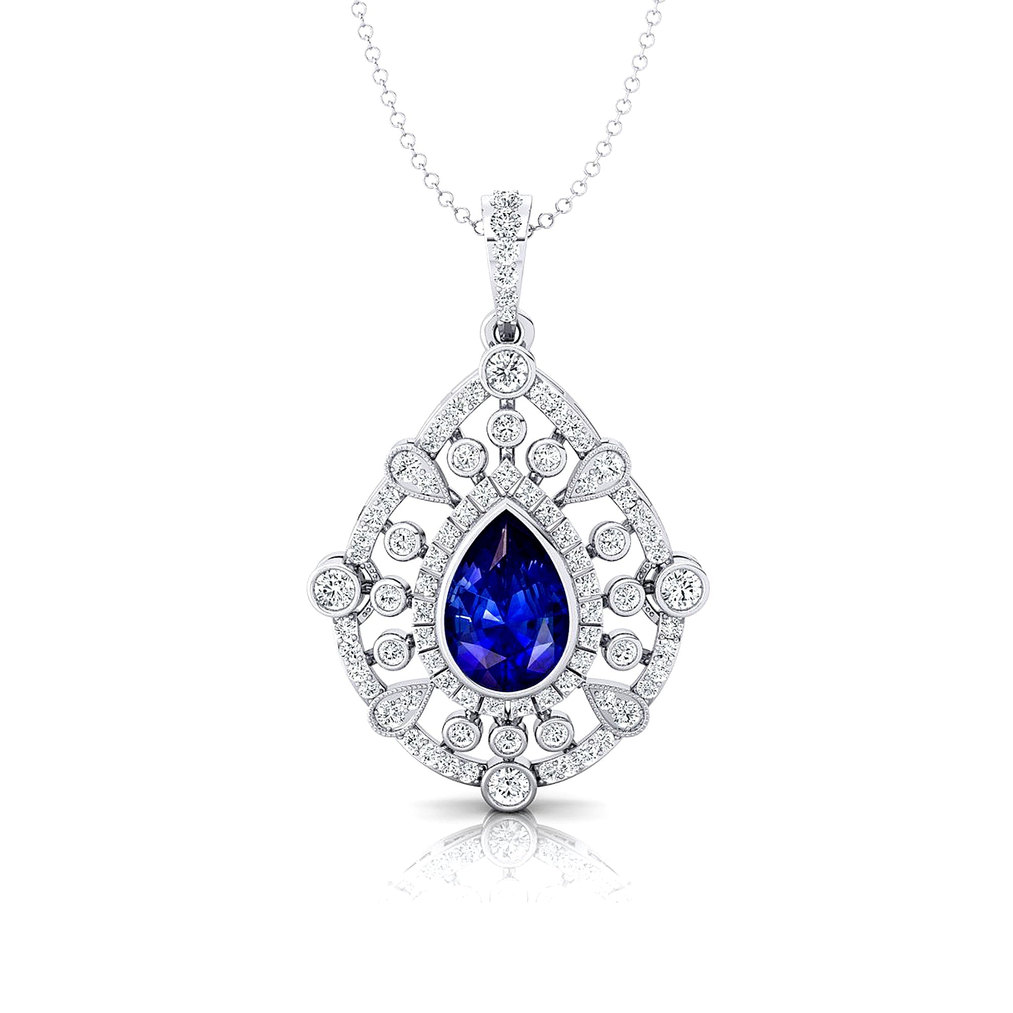 Art Deco Inspired Teardrop Blue Sapphire Diamond Pendant - GeumJewels