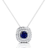 Double Halo Diamond Cushion Cut Blue Sapphire Necklace - GeumJewels