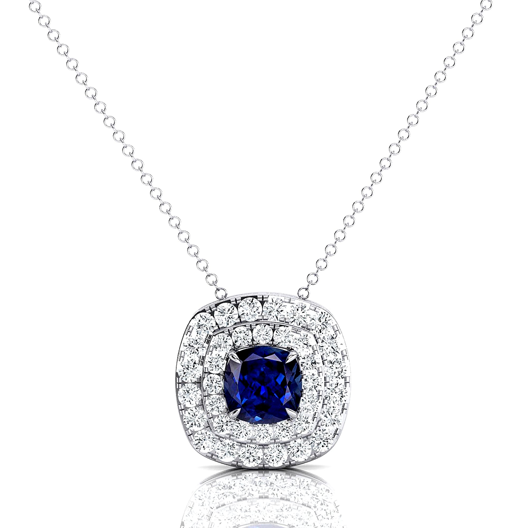 Double Halo Diamond Cushion Cut Blue Sapphire Necklace - GeumJewels