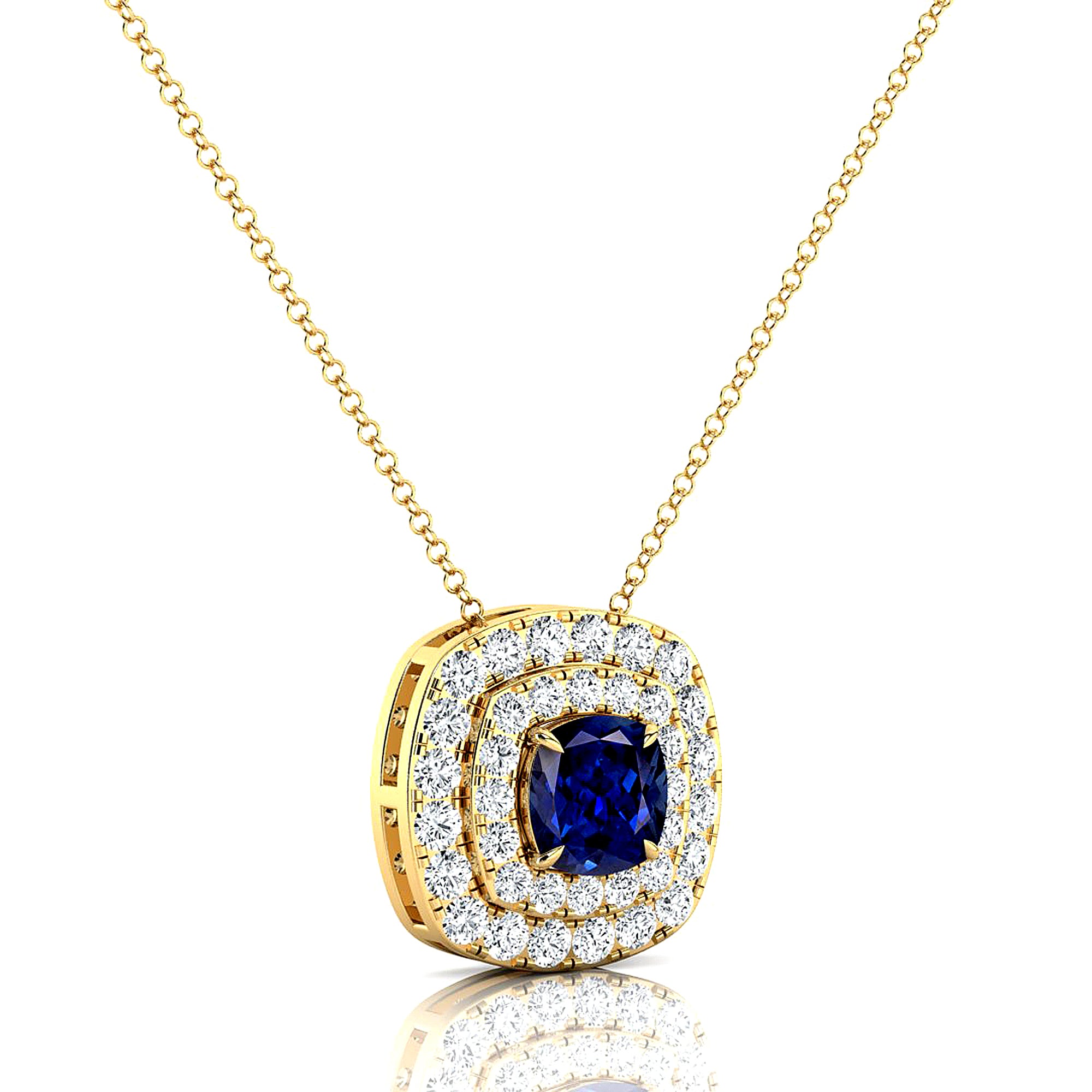 Double Halo Diamond Cushion Cut Blue Sapphire Necklace - GeumJewels