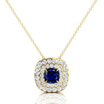 Double Halo Diamond Cushion Cut Blue Sapphire Necklace - GeumJewels