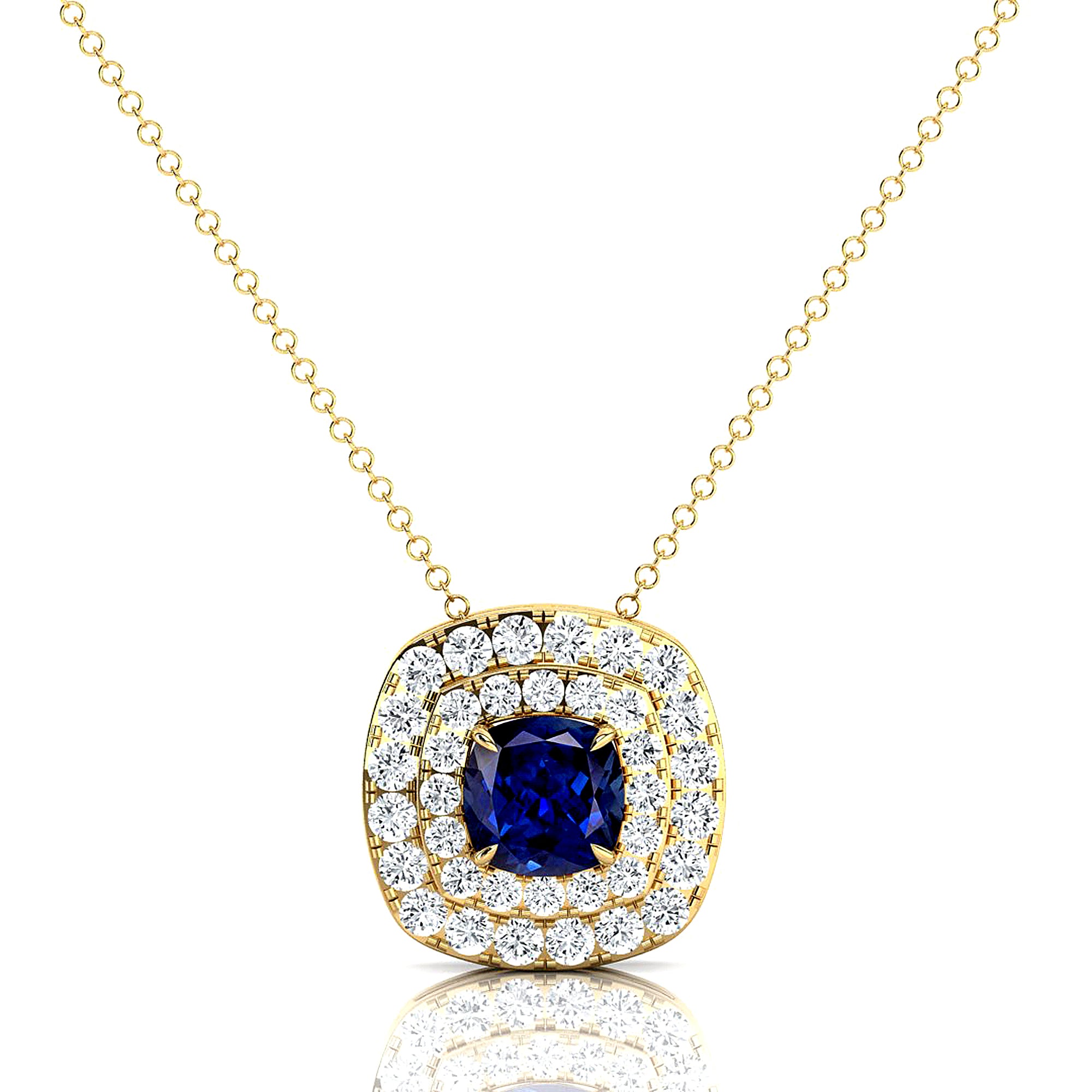Double Halo Diamond Cushion Cut Blue Sapphire Necklace - GeumJewels