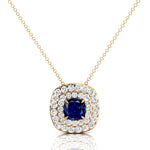 Double Halo Diamond Cushion Cut Blue Sapphire Necklace - GeumJewels