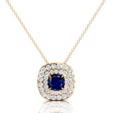 Double Halo Diamond Cushion Cut Blue Sapphire Necklace - GeumJewels