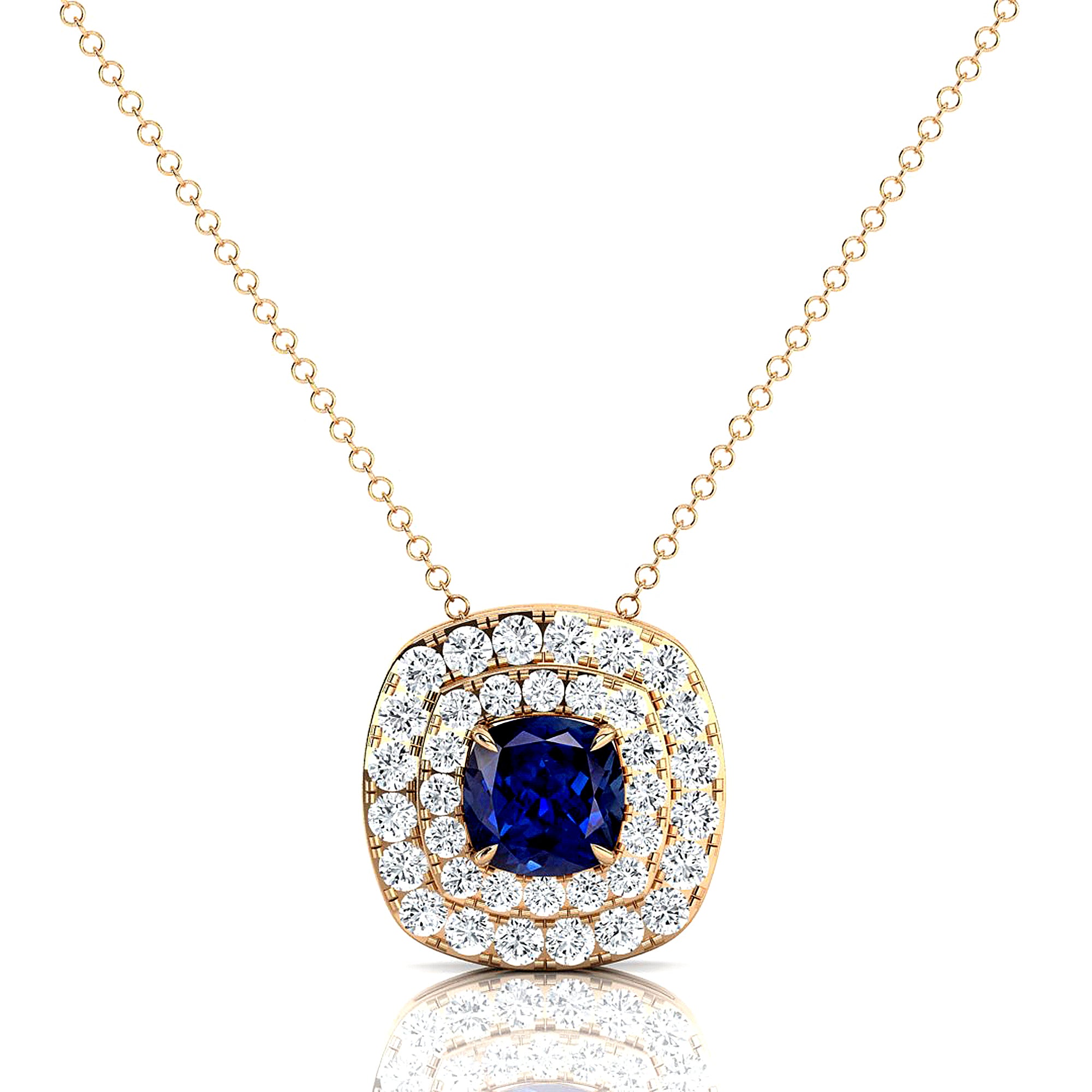 Double Halo Diamond Cushion Cut Blue Sapphire Necklace - GeumJewels