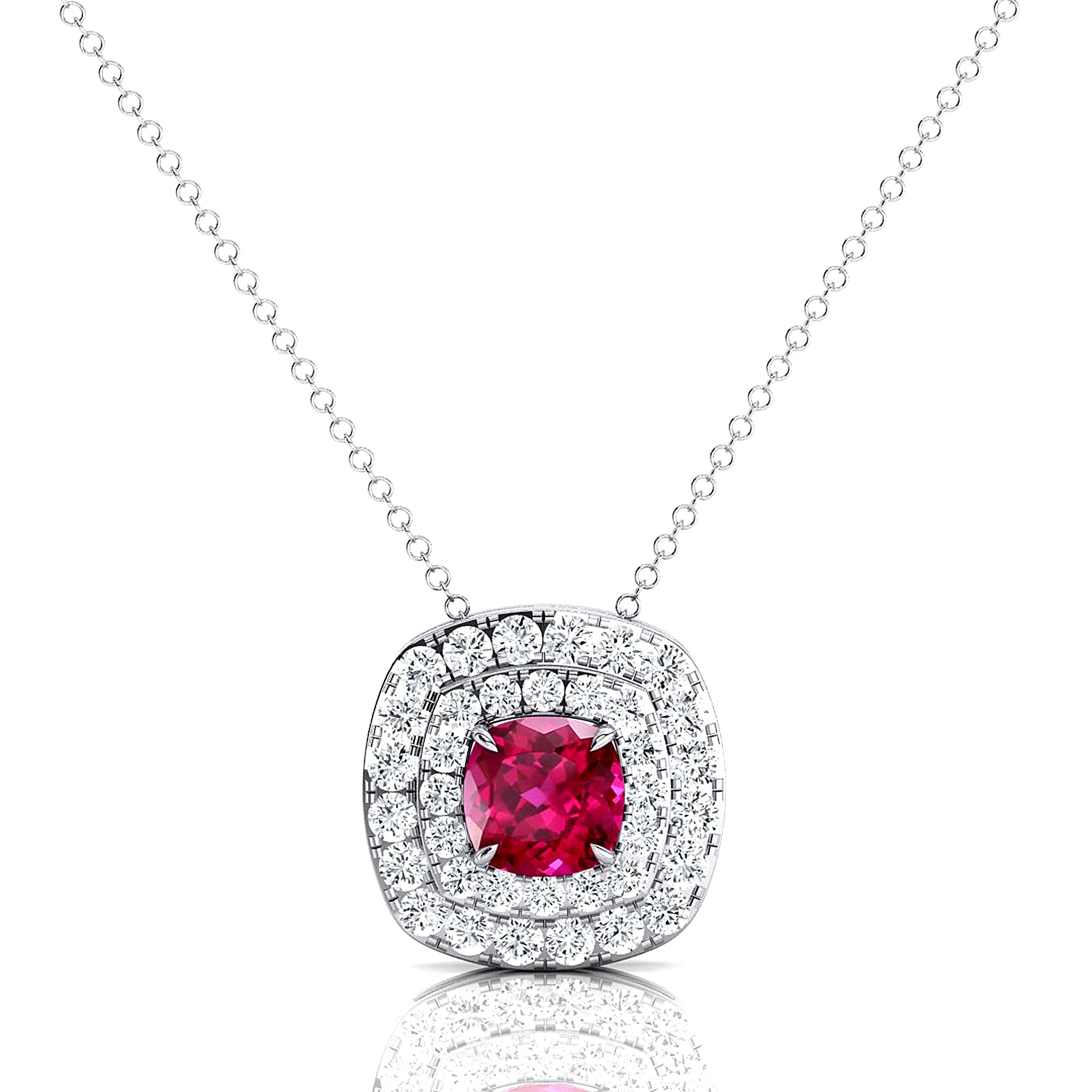 Double Halo Diamond Cushion Cut Pink Sapphire Necklace - GeumJewels