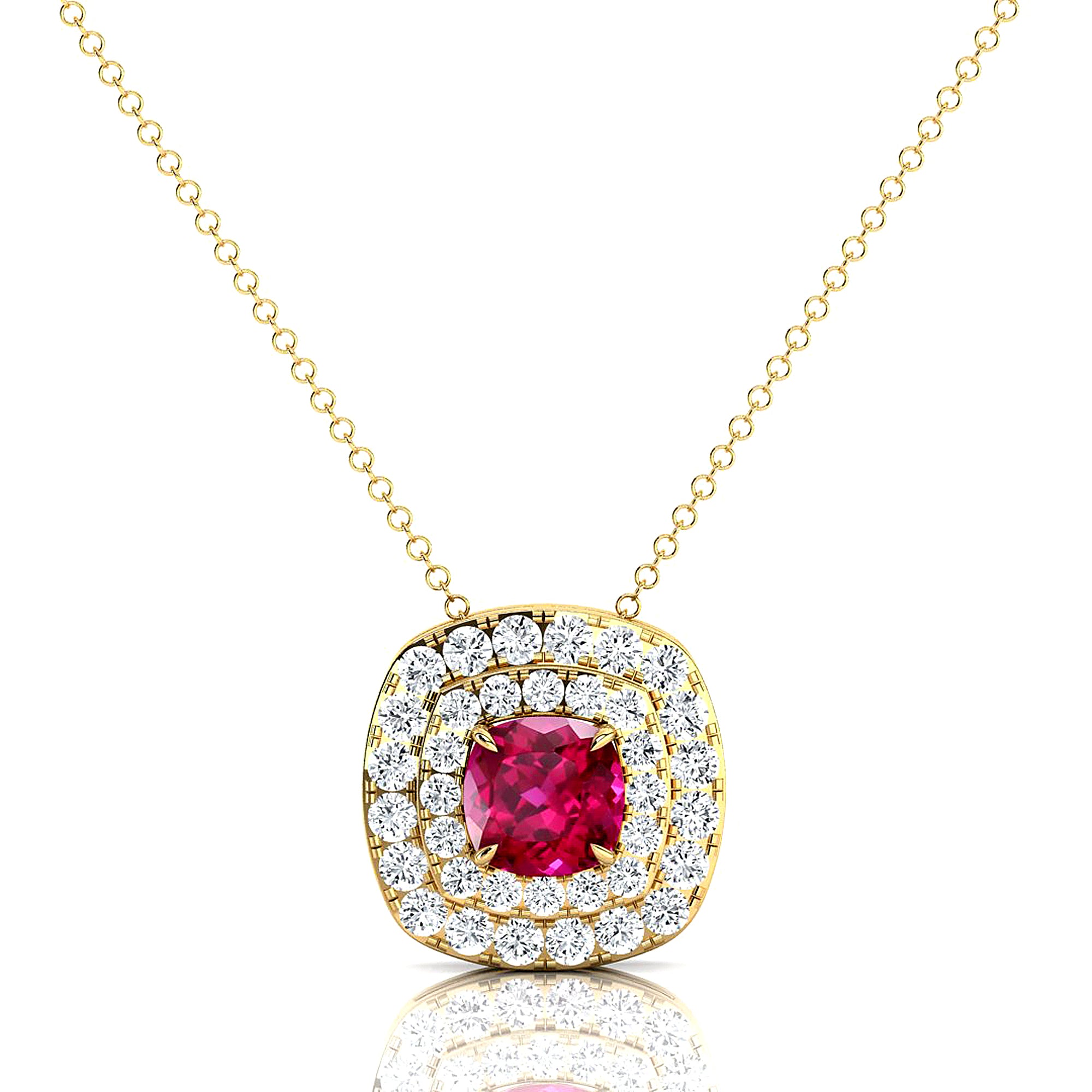 Double Halo Diamond Cushion Cut Pink Sapphire Necklace - GeumJewels