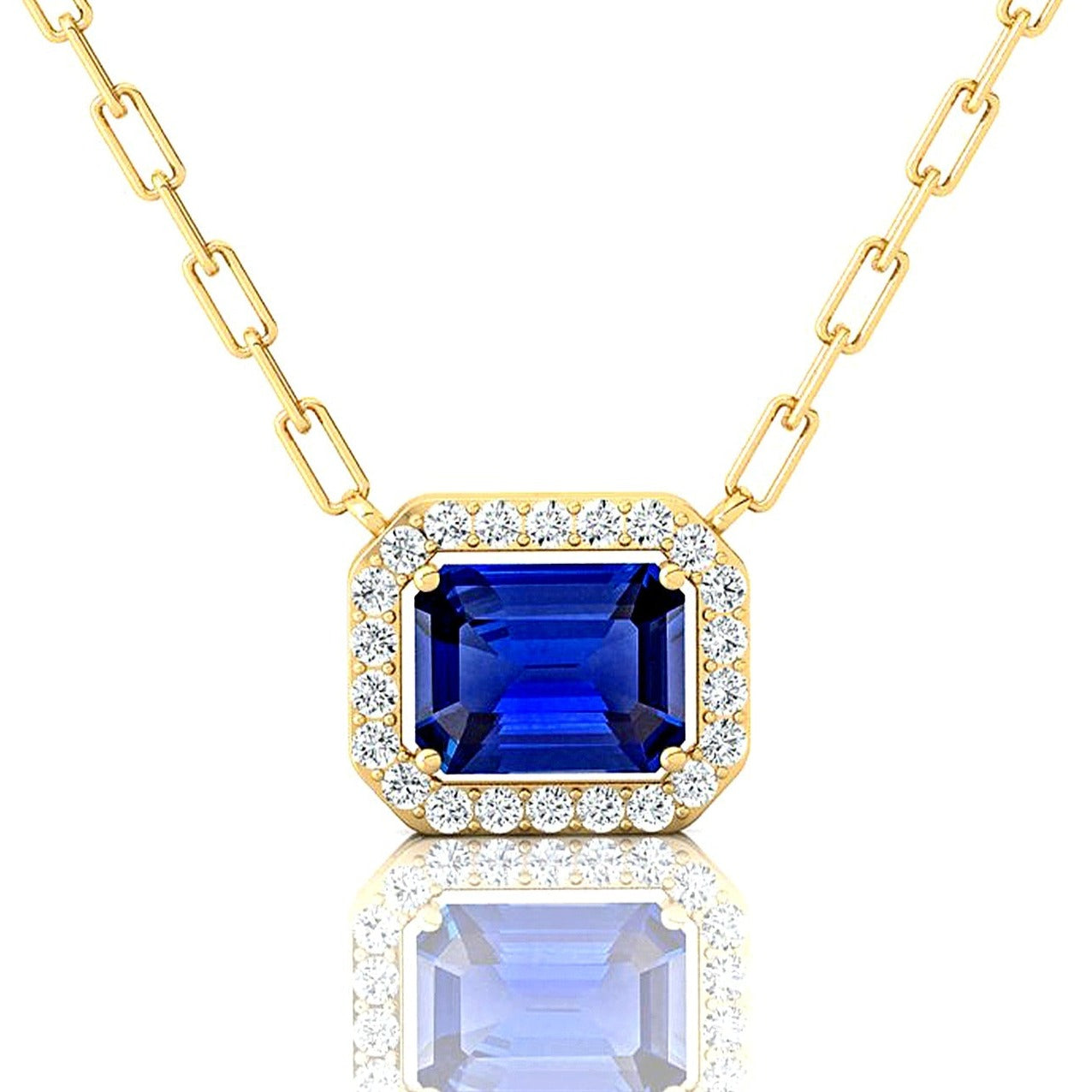 Emerald Cut Blue Sapphire Halo Set Diamond Necklace - GeumJewels
