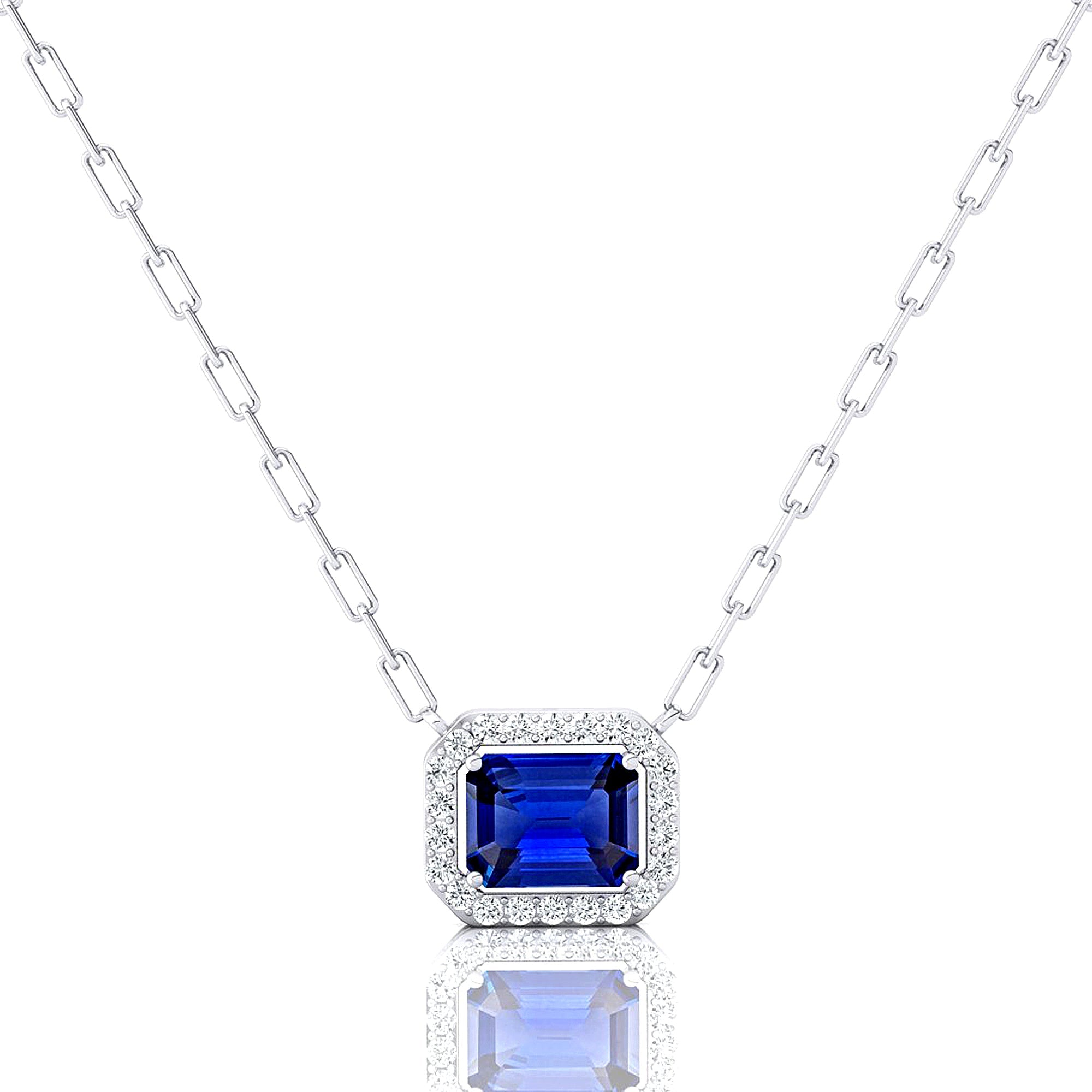 Emerald Cut Blue Sapphire Halo Set Diamond Necklace - GeumJewels