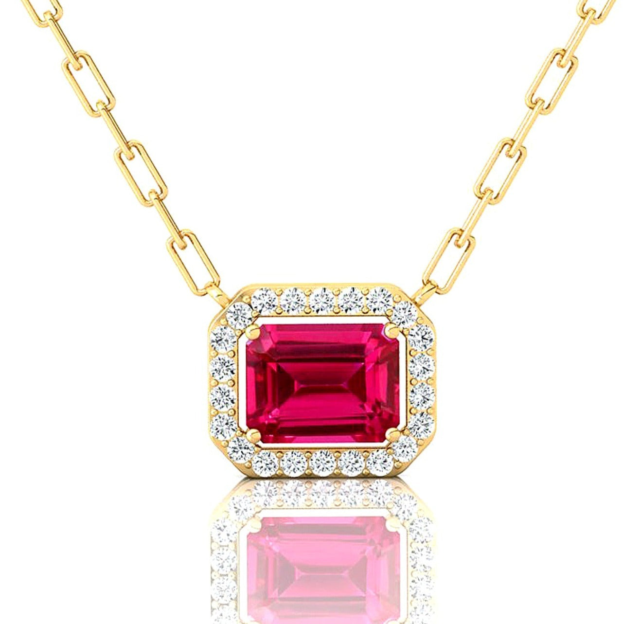 Emerald Cut Pink Sapphire Halo Set Diamond Necklace - GeumJewels