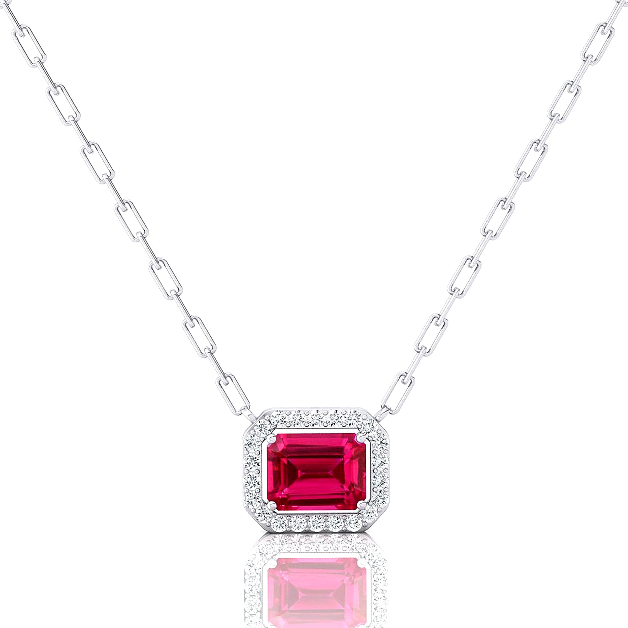 Emerald Cut Pink Sapphire Halo Set Diamond Necklace - GeumJewels