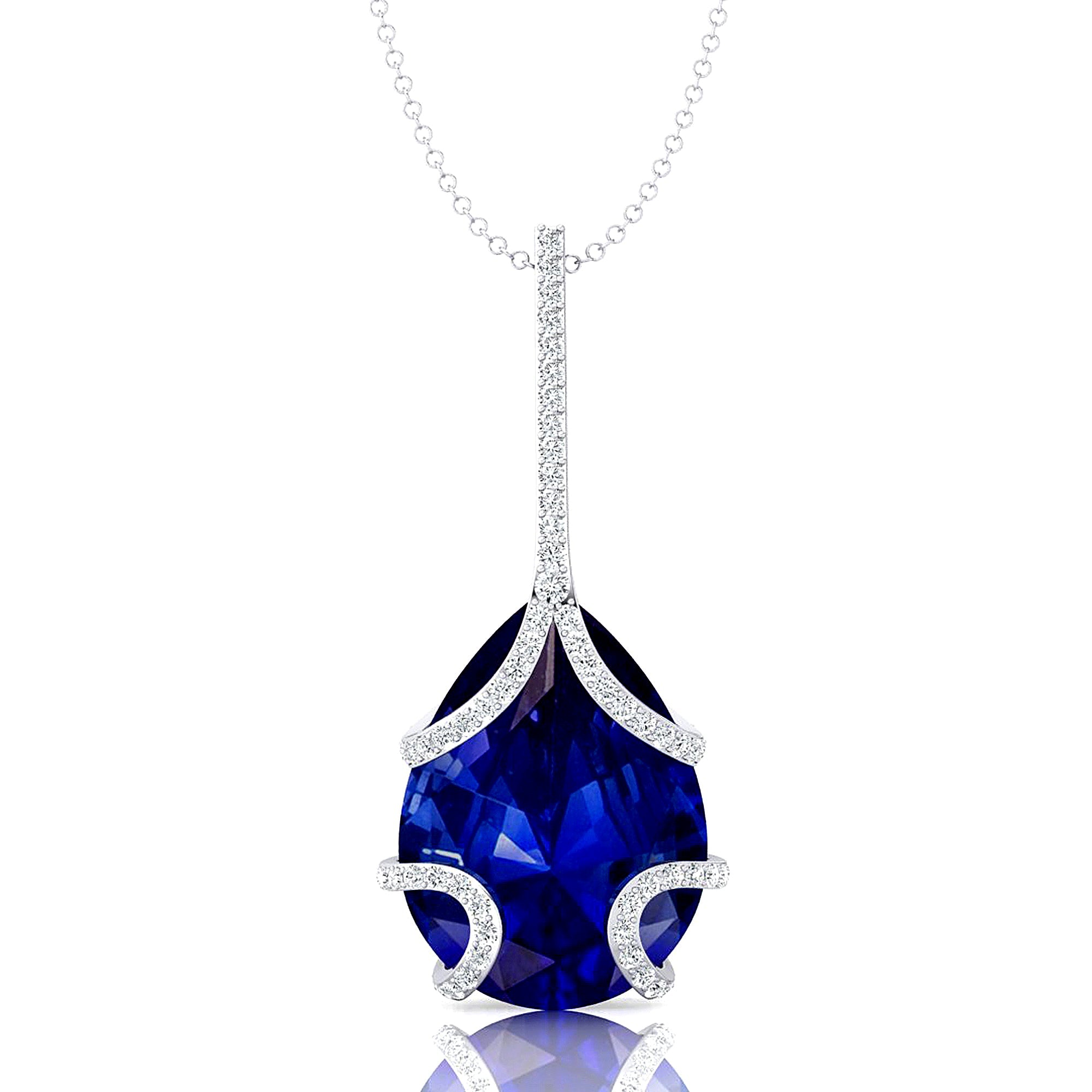 Teardrop Shaped Blue Sapphire Pendant Wrapped with Diamond Loop - GeumJewels