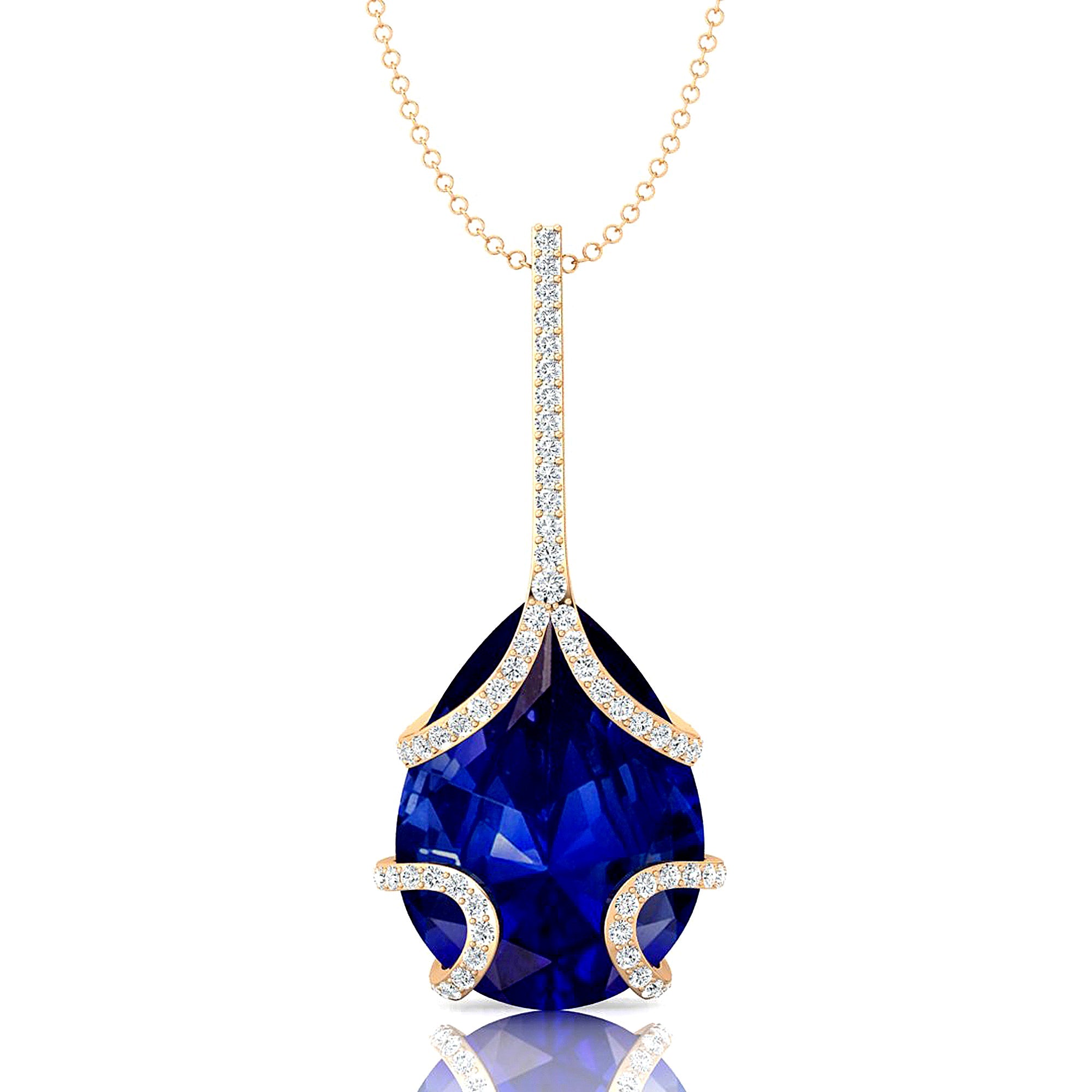 Teardrop Shaped Blue Sapphire Pendant Wrapped with Diamond Loop - GeumJewels