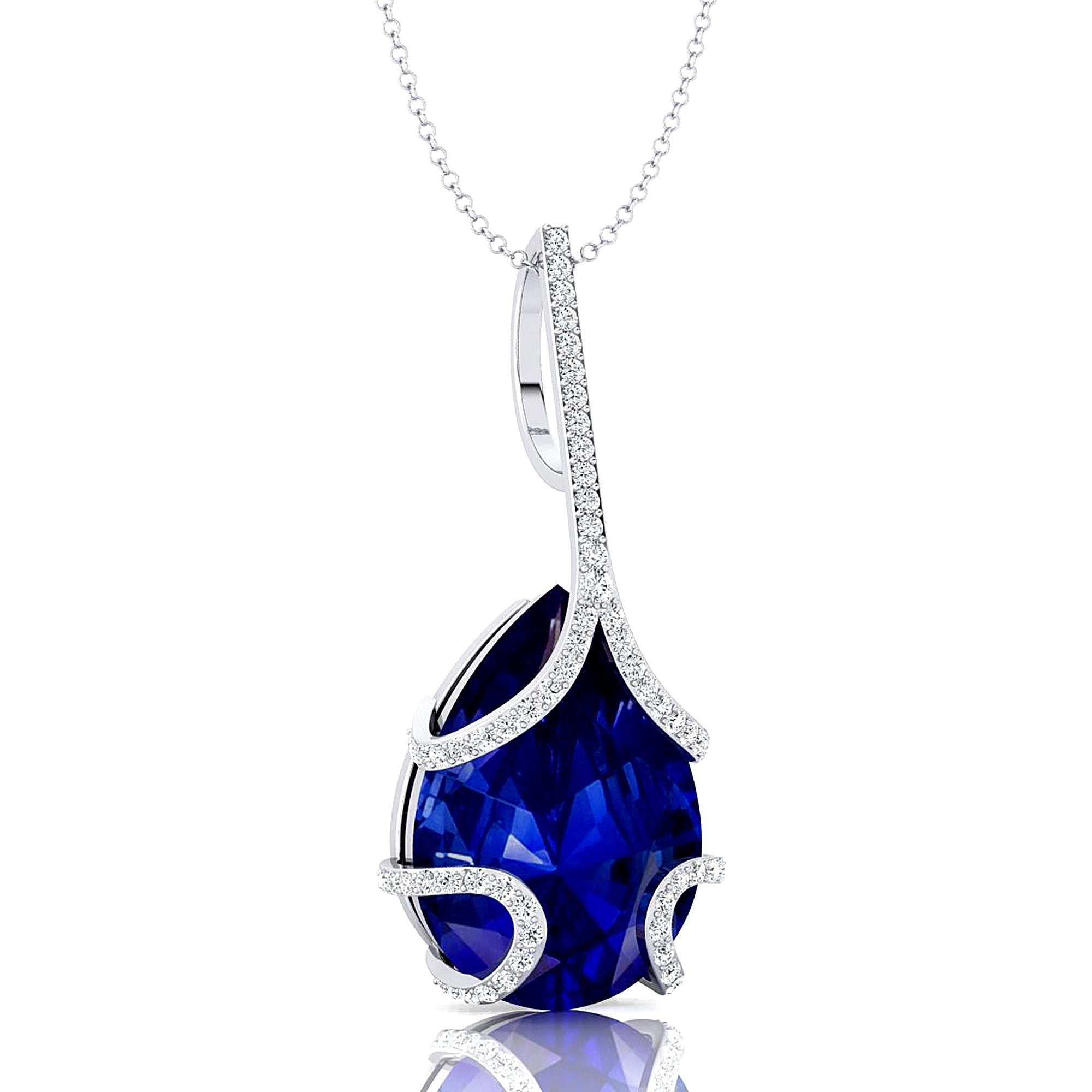 Teardrop Shaped Blue Sapphire Pendant Wrapped with Diamond Loop - GeumJewels