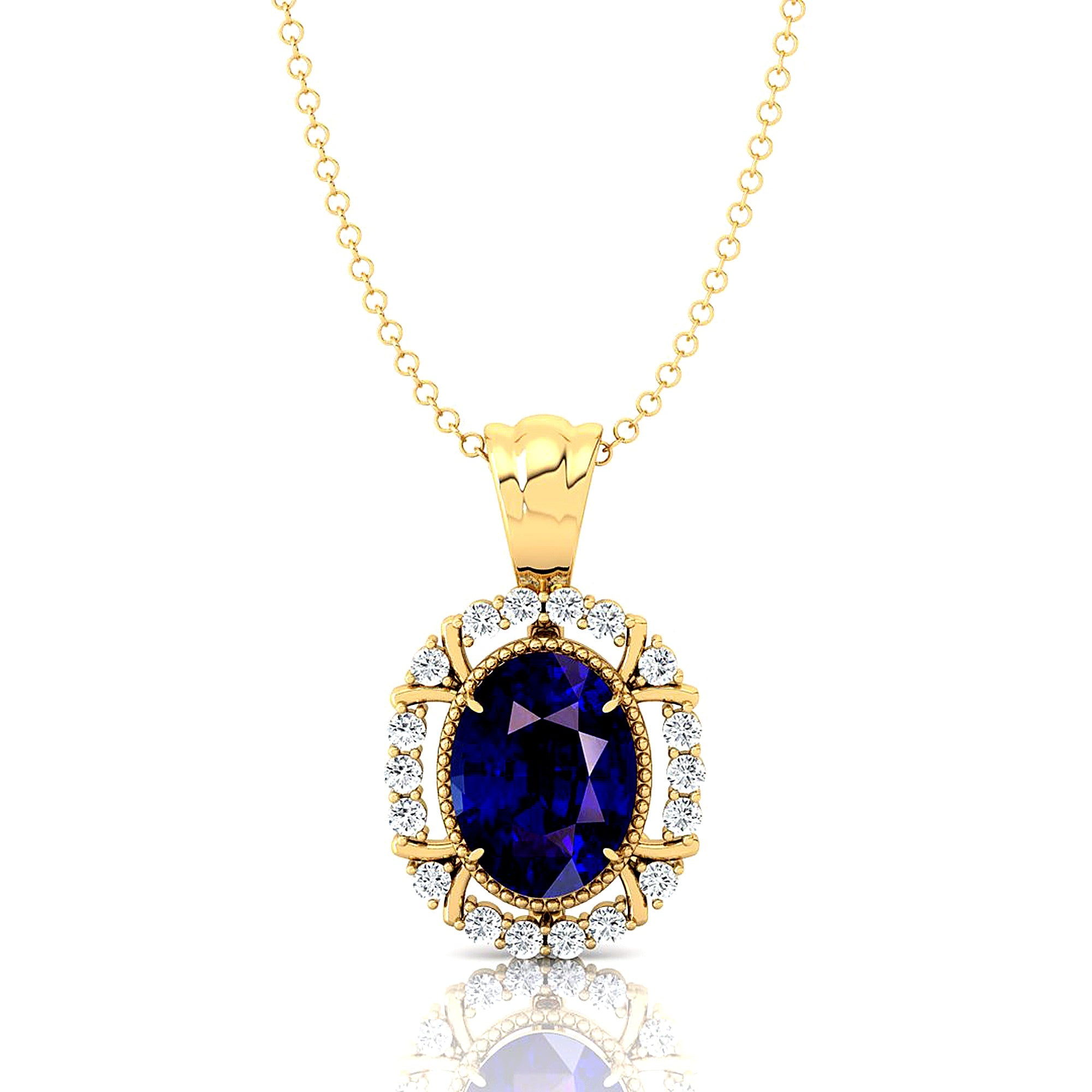 Vintage Style Oval Shaped Blue Sapphire Halo Set with Diamond Accents - GeumJewels